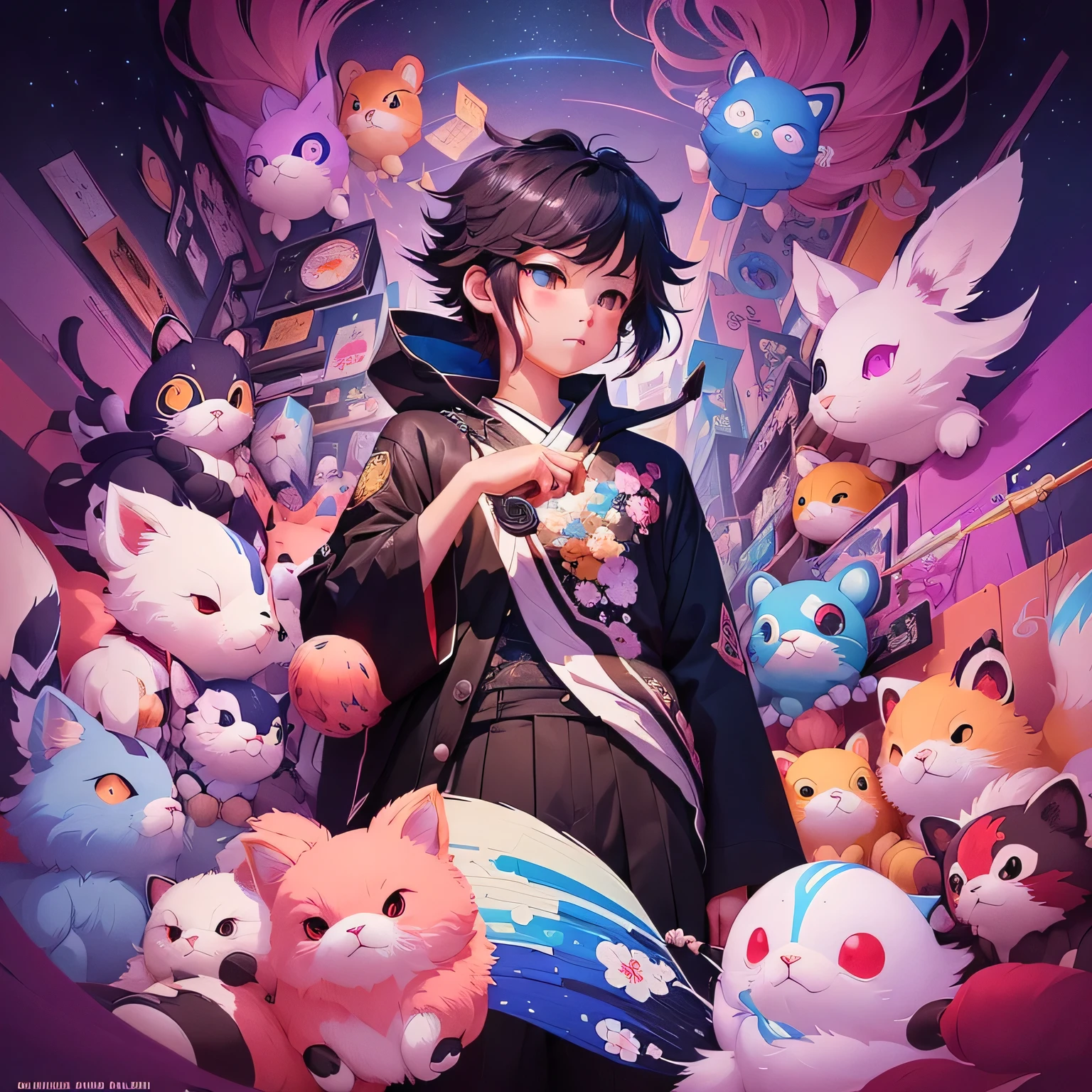 The painting shows a boy holding a scale in front of a pile of stuffed animals, Artwork in the style of Guweiz, Japanese pop surrealism, Soft anime illustration, Japanese pop surrealism, beeple 和 jeremiah ketner, Fantasy psychedelic anime, guweiz, The digital art of Danganronpa, A beautiful artistic illustration, Inspired by Shimoda Hikaru