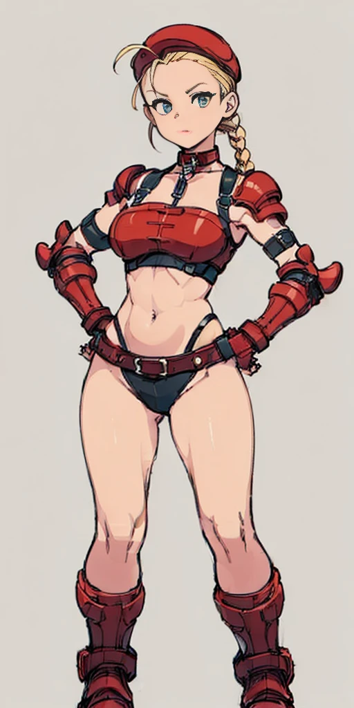 ((Plain background 1:2)) (Cammy White Street Fighter 6) Female full body standing straight symmetrical looking to the viewer RED full body armored (handcuffs, shackles, rerebrace, faulds, poleyn, gauntlets, leather collar choker) big belt under belly button, navel, belt over belly button, ((hands on hips))