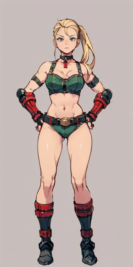 ((Plain background 1:2)) (Cammy White Street Fighter 6) Female full body standing straight symmetrical looking to the viewer RED full body armored (handcuffs, shackles, rerebrace, faulds, poleyn, gauntlets, leather collar choker) big belt under belly button, navel, belt over belly button, ((hands on hips))