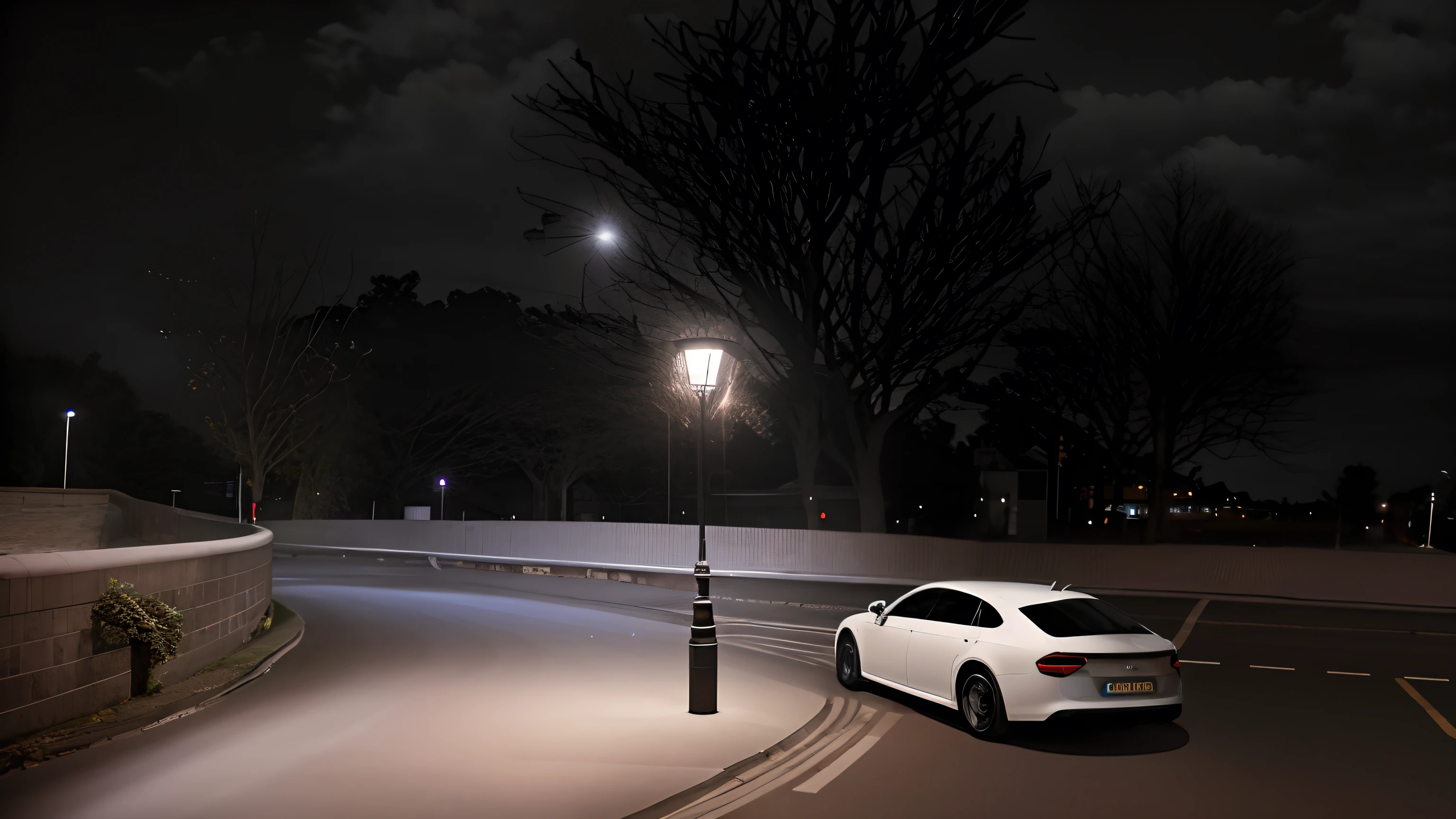 The Audi's car was parked on the street at night,There are street lights, street lighting, streetlight at night, Street lights, atmospheric cold lighting, the street lights, streetlight, the street lights, Under street lights, ultra realistic lighting, atmospheric lighting - n 9, midnight mist streetlights, lamp post, the street lights, Dynamic and atmospheric lighting, cinematic outdoor lighting