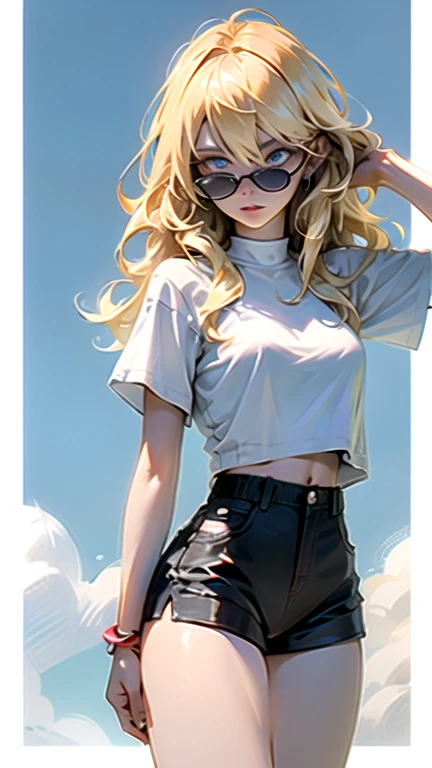 1 Woman, pefect body defined, long hair, (((blonde hair))), (((blue eyes))), (((white t-shirt))),  thick thighs, (((blackshort shorts)))
