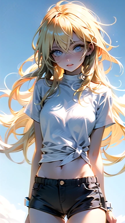 Big Breasts，blue sky,Blonde,Completely naked,Beige skin,Black socks,An anime character sitting on the ground with his head bowed, By Kentaro Miura,, Looking into the distance, The wind is blowing、Hair fluttering,  smile,Ishida Sui Art Manga, Hair blowing in the wind, Beautiful anime outline, far!!, Pin on anime