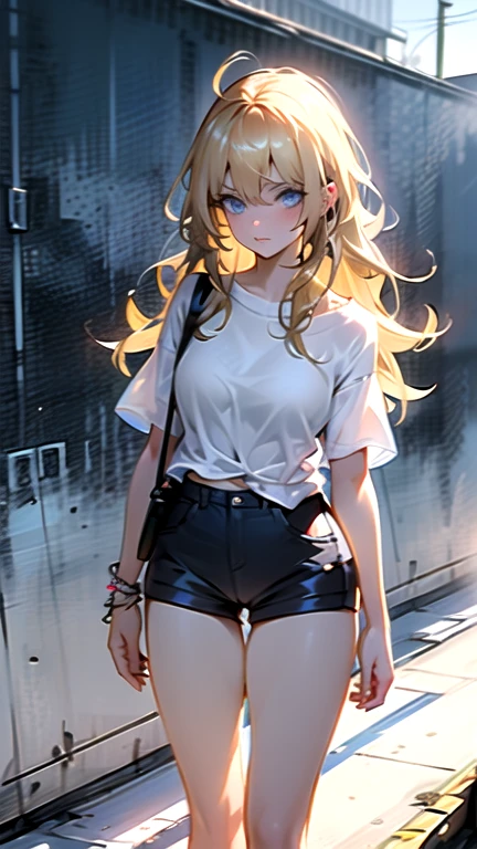 1 Woman, pefect body defined, long hair, (((blonde hair))), (((blue eyes))), (((white t-shirt))), thick thighs, (((blackshort shorts)))