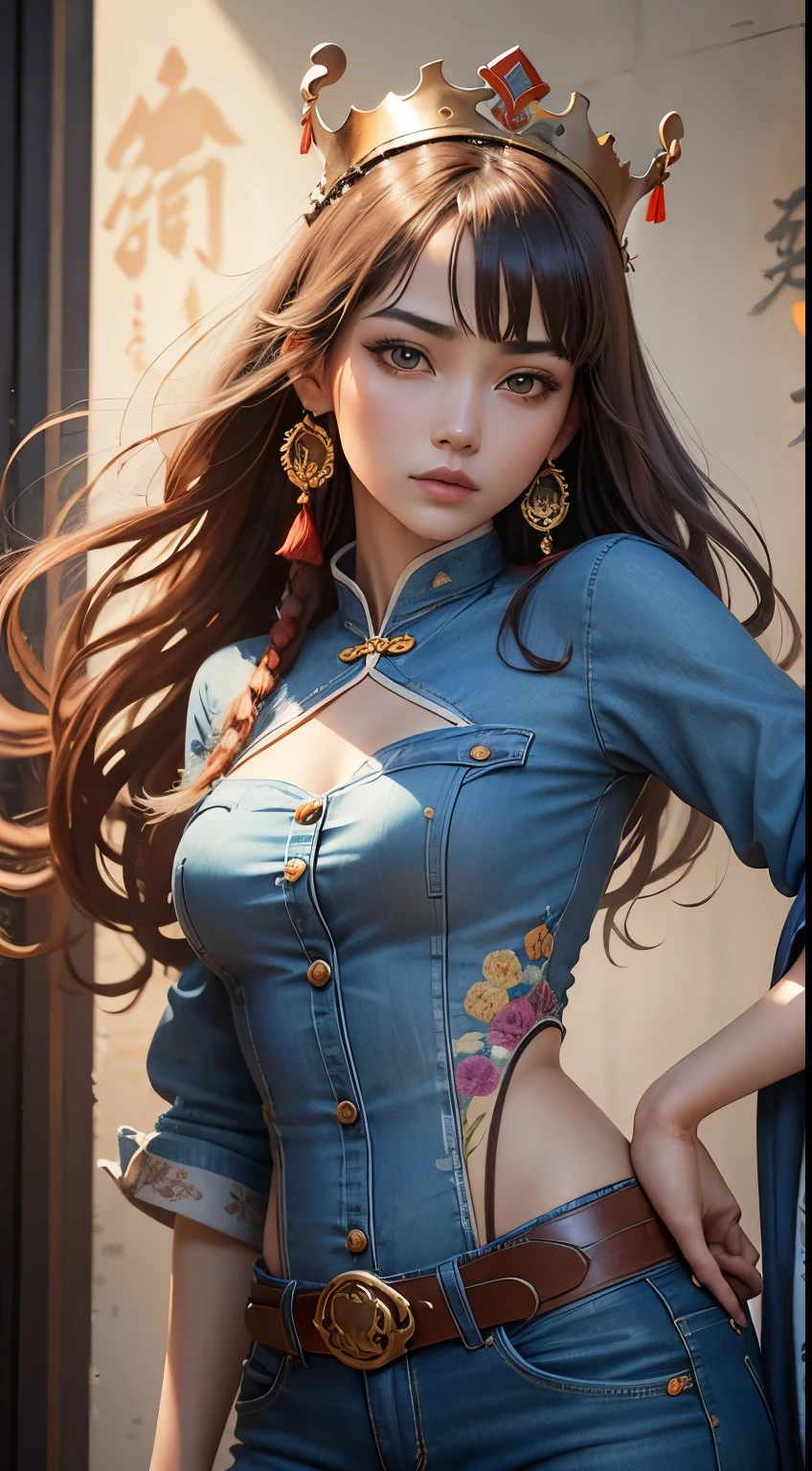 highest quality, Tabletop, Ultra-detailed high resolution, (Realistic: 1.4), Watercolor style, figure, Dazzling background colors,, Skinny Girl with Weapons, (Solo Exhibitions: 1.2), (denim lens: 1.2), (Hair Crown: 1.2), Chinese traditional Dunhuang costume, No straps, (Red eyeliner: 1.2), (: 1.4), Earrings, Dynamic Angle, Opera House, Messy_length_hair, Ink-like, Cinema Lighting, lens_Flare, velvet, chrysanthemum, Tassel, ribbon, Color embroidery,