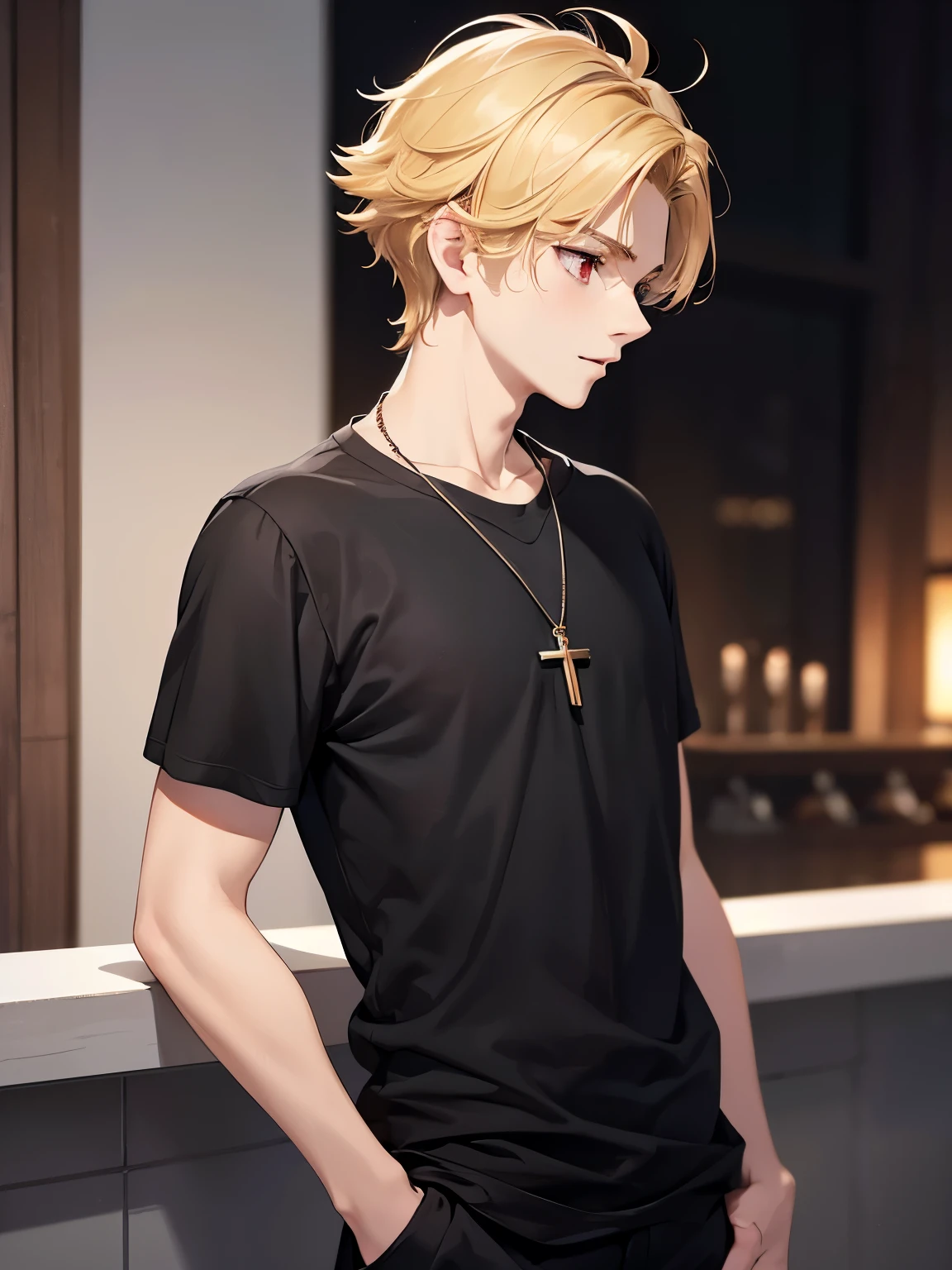 1boy,handsome,20 years old,Standing, facing right, looking away, camera angle from the side, photo from the side,half body photo,Perfect face, HD face, ultra detailed face, short hair, blonde hair, messy hair, bright red eyes, vampire, black t-shirt, black trousers, cross necklace,ultra detailed, ultra HD