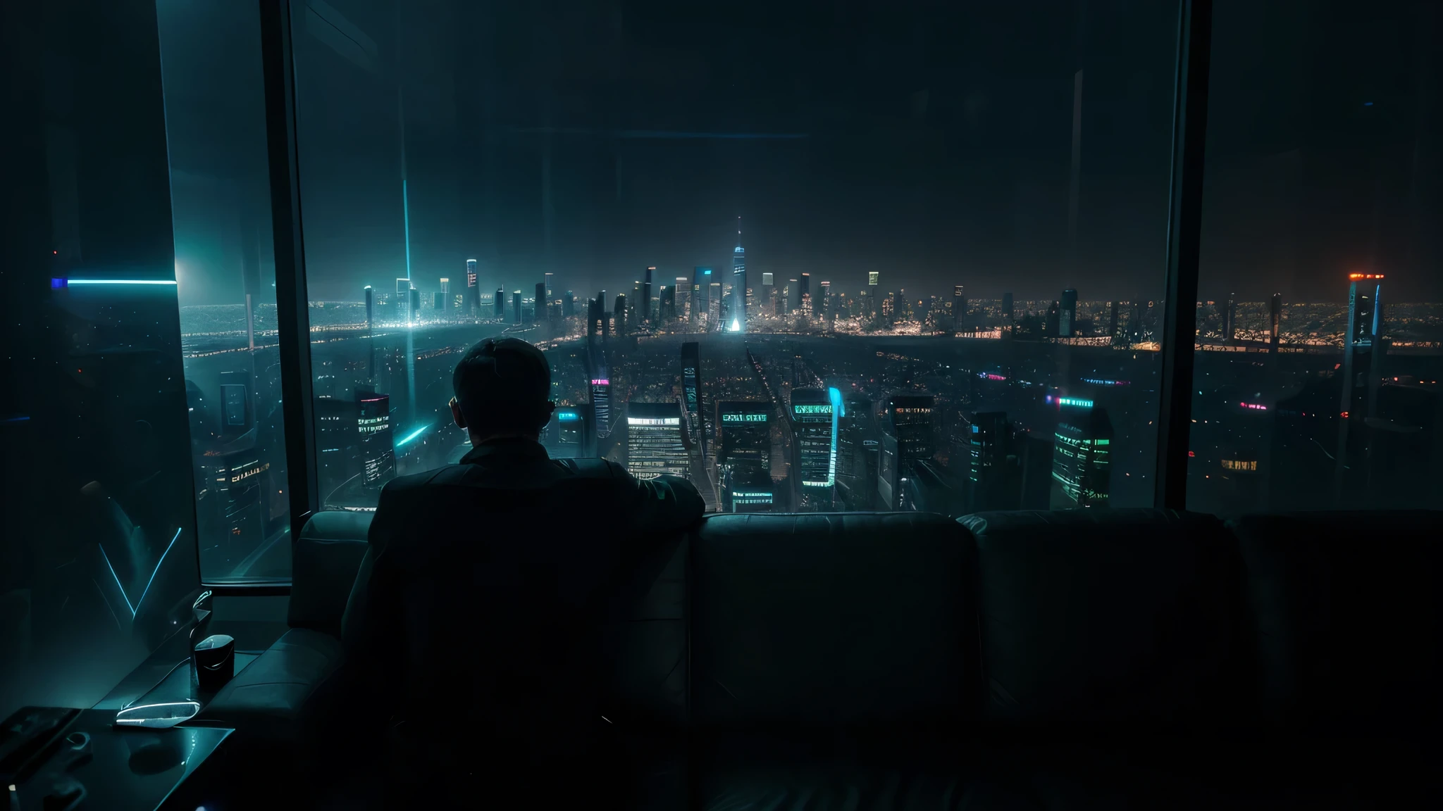 A lone man is sitting on a sofa facing a glass wall with his back turned, his elbows resting on the sofa. He gazes at the cityscape before him, a dystopian vision of skyscrapers piercing the night sky with their neon lights.
