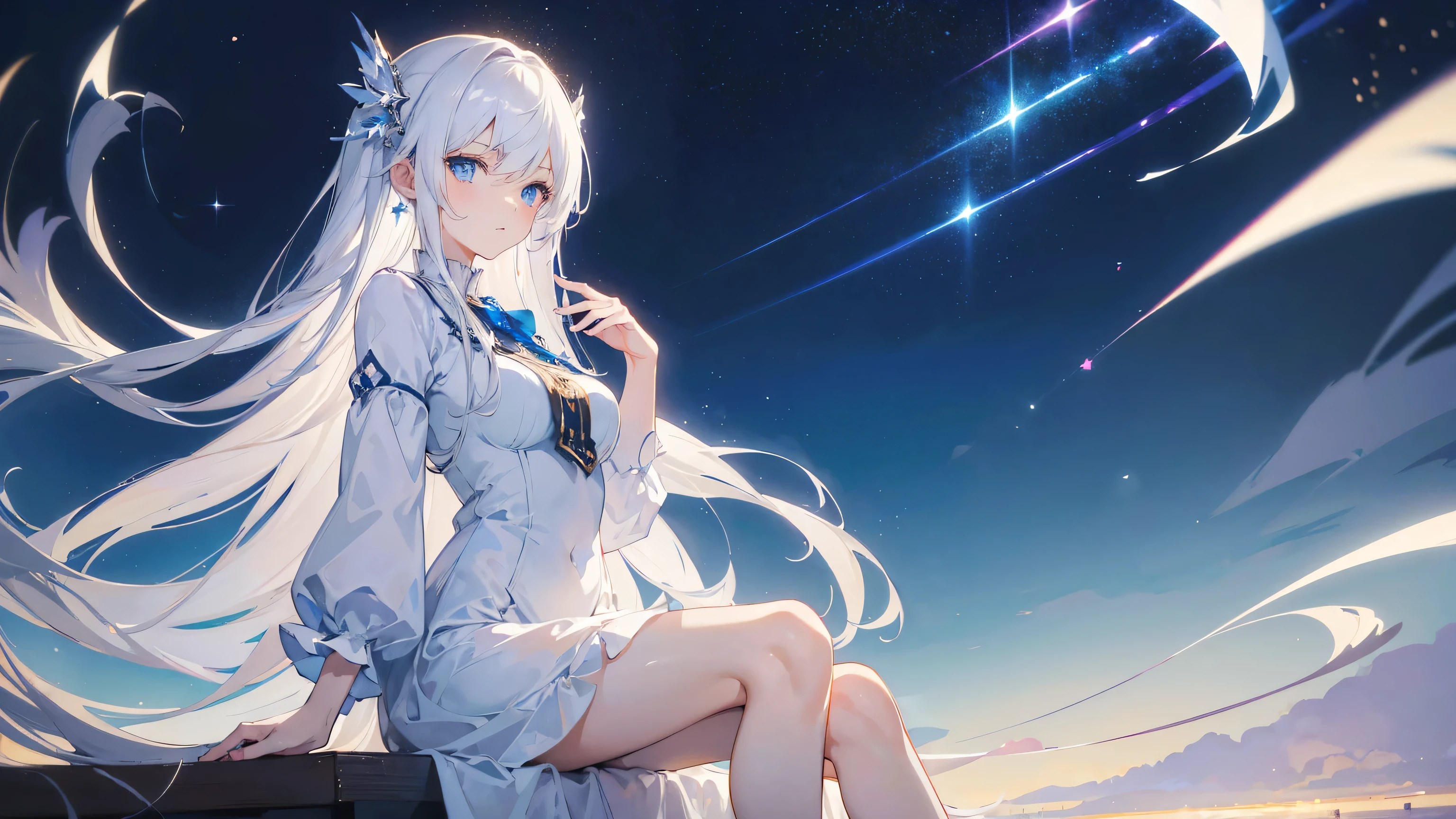 (best quality,high-res,masterpiece:1.2),(attention to hands),(scene details),anime girl,white hair,long hair,blue eyes,slender,elegantly sitting,elegant,poised,adorable,starlit background,magical effects,magic