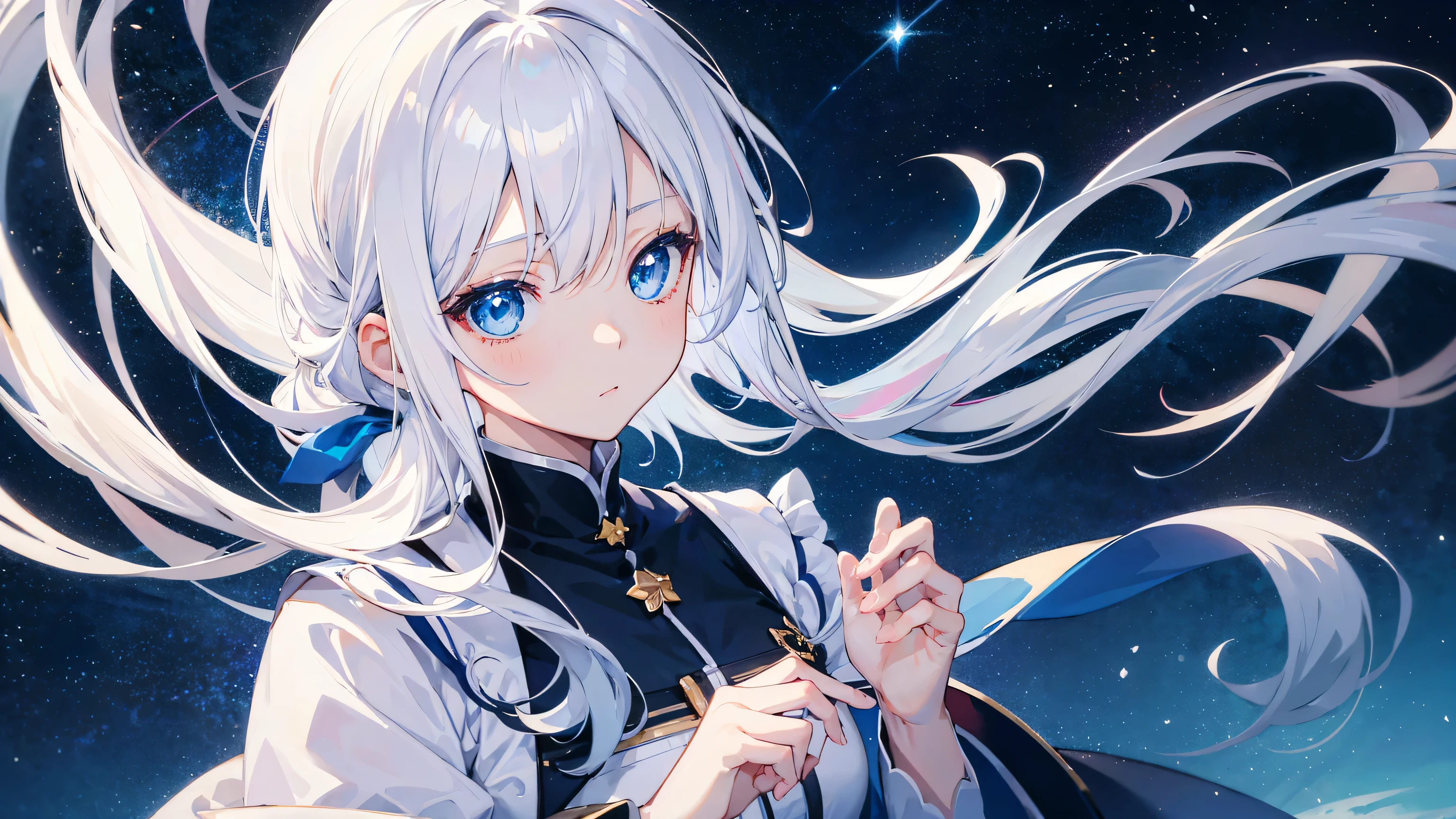 （Highest quality）（Watch your hands）（Scene details）Anime Girl，White hair，Long hair，Blue Eyes，slim，Sitting with grace，grace，dignified，cute，Starry sky background，magic effects，magic