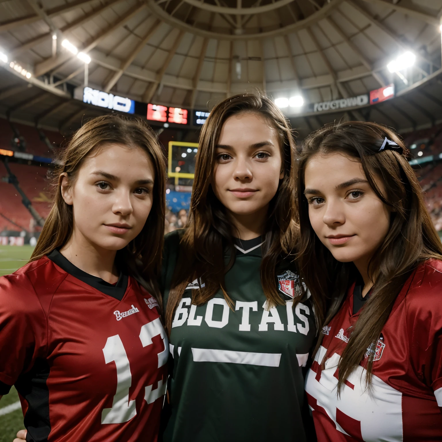 3 girls, Football fans, blodbrun, Bein, rotbraun,