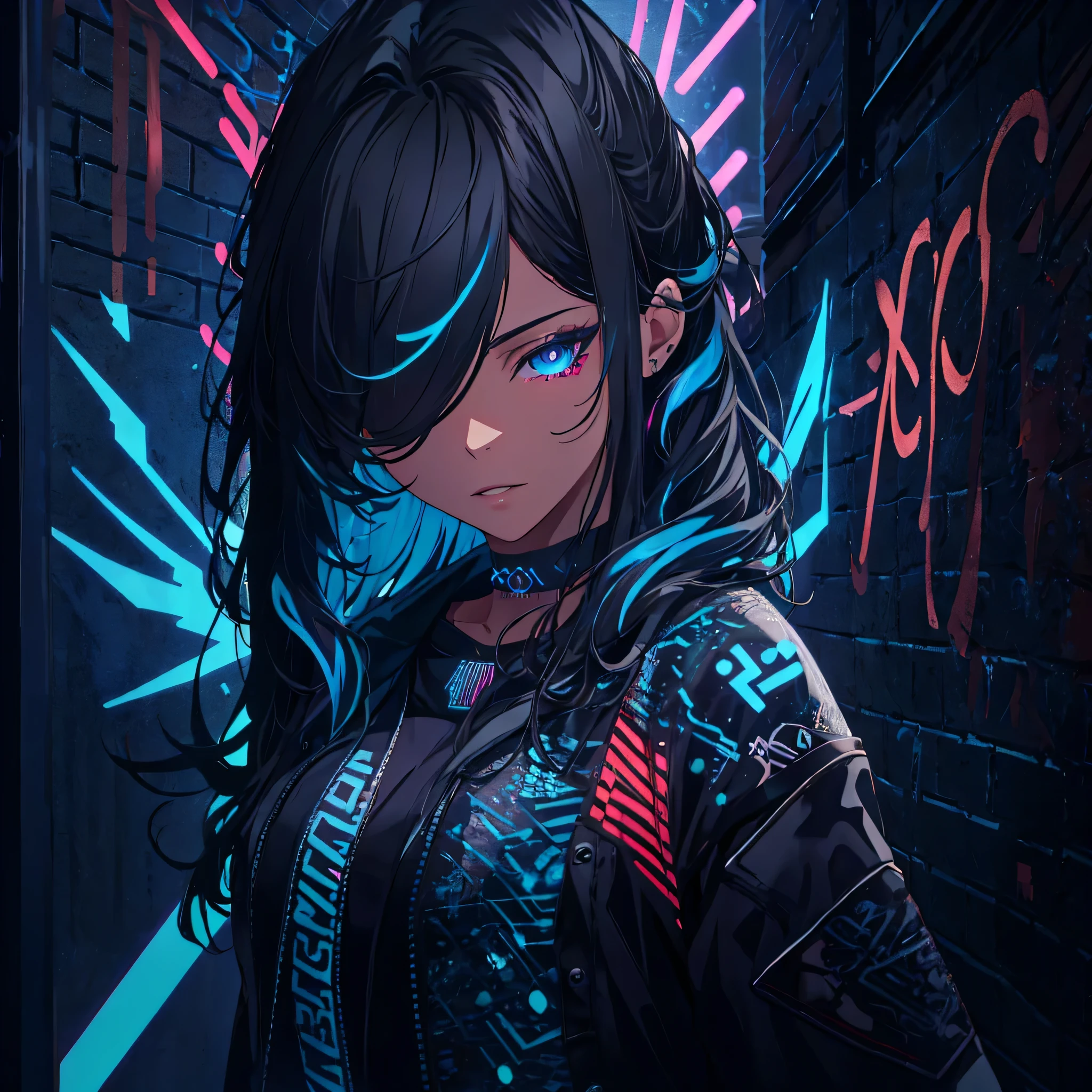 (best quality,4k,8k,highres,masterpiece:1.2),colorful backdrop,(realistic,photorealistic,photo-realistic:1.37),
(one girl:1.1),intricate flowing locks of hair,black hair with subtle hints of red highlights,carelessly tousled hair obscuring one eye,a vibrant red gaze that pierces through,sleek and defined eyes,
(choker),glowing graffiti artwork on a brick wall,an open jacket revealing ,torn legwear that adds a touch of rebelliousness,a mesmerizing backdrop of colorful neon lights,
(dramatic lighting),luminous tattoos that emit a soft glow,illuminating the scene with an ethereal ambiance,a subtle chromatic aberration effect adding a dreamlike quality,
(impeccable attention to detail),creating an atmosphere reminiscent of a vibrant underground scene,where art and individuality intertwine,lustfull