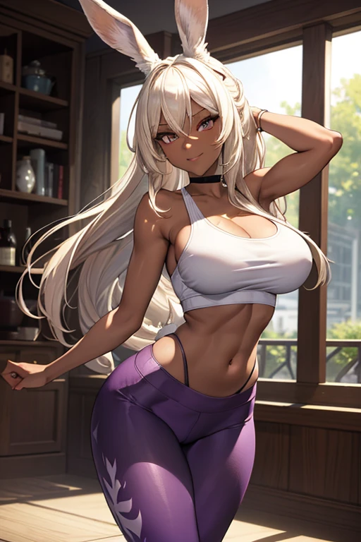 (masterpiece), best quality, highly detailed faces, (SHARP details), 4k, highly detailed, expressive eyes, SHARP detail expressive eyes, (SHARP detail perfect face), ((dark skin)), (bunny ears), (viera), ((platinum blonde hair)), (choker) amber eyes, long and wild hair, (mature woman), (big breasts), smiling, toned body, standing, (wearing white tank top), ((wearing purple yoga pants)), ((solo)), wide hips, (((view from front))), 