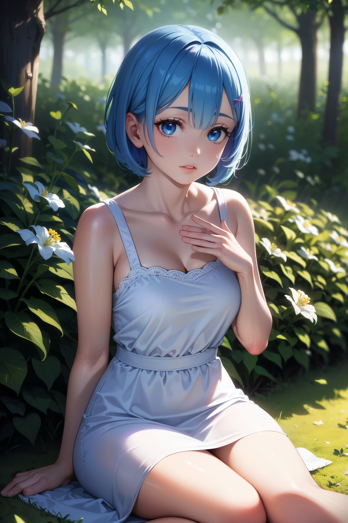 (best quality,4k,highres,masterpiece:1.2),ultra-detailed,realistic,hdr,anime,girl,blue hair,white dress,rem rezero,beautiful detailed eyes,beautiful detailed lips,sitting on the ground,wildflowers around her,sunlight filtering through the trees,peaceful atmosphere,vibrant colors,soft shadows,dreamy style