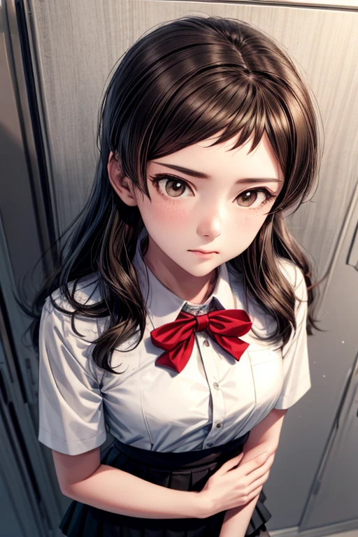 Clear Face,masterpiece,super high quality, Very detailed,Perfect drawing,Hmph,3D,8k,beautiful girl,1girl,Has long brown hair、Gray Uniform、Black Skirt, Red ribbon on uniform、((He glared at me sharply., Looking down from above)), beautiful girl with a wonderful face, Long eyelashes, School、locker room、Human Anatomy、shiho kitazawa