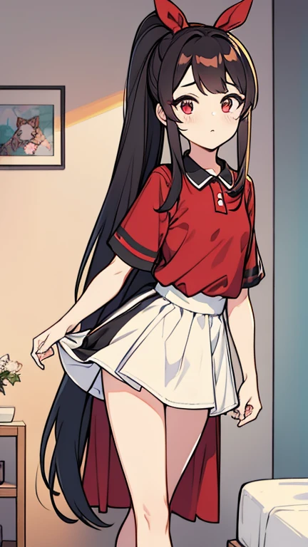adulto, Cabello negro ondulado, mirada penetrante con ojos profundos de color rojo, estatura promedio, Silky hair with a ponytail hairstyle collected with a red bow with two white lines, tiene pechos medianos, primer plano, session, standing in the middle of his room [[[Risa malvada]]] , Sonrojada, muslos grandes, falda corta color negra, blusa corta de tirantes blanca, elfa, showing her ass to the camera, lifting her skirt so that her panties can be seen, skirt rising,falda corta, falda llegando hasta la mitad del culo, bragas blancas, mojada, se levanta la falta hasta arriba dejando ver todo su culo, tiene vajina 