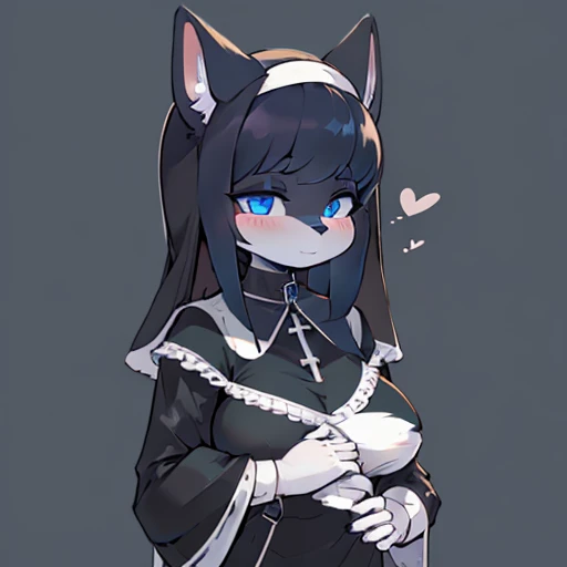 ((Better quality )),((Anthro female)) , wearing nun Clothing dress   , Black Shadow  body ,  wearing Bandage , big animal ears, haircut ,Dark blue , BLUE pupils ,