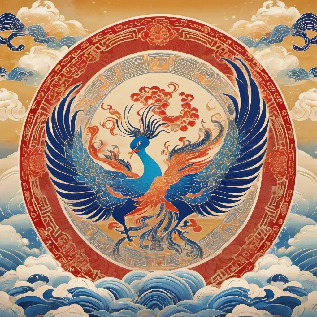 Dunhuang art style illustration,Nine-colored phoenix surrounded by auspicious clouds，Magnificent ,（Phoenix shining star：1.36） Stand in a lotus pond ,extremely delicate brushstrokes, Soft and smooth, Chinese Red and Indigo, Golden background