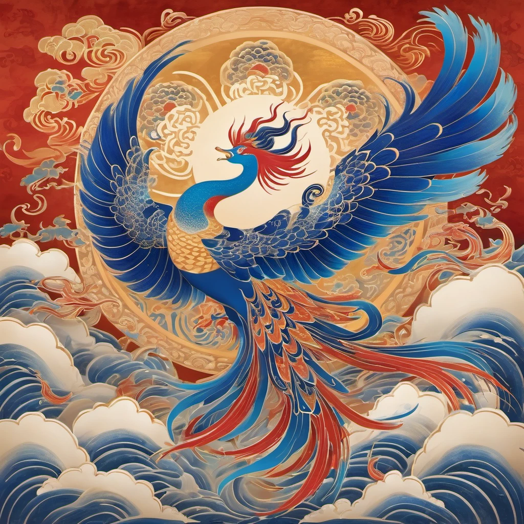 Dunhuang art style illustration,Nine-colored phoenix surrounded by auspicious clouds，Magnificent ,（Phoenix shining star：1.36） Stand in a lotus pond ,extremely delicate brushstrokes, Soft and smooth, Chinese Red and Indigo, Golden background