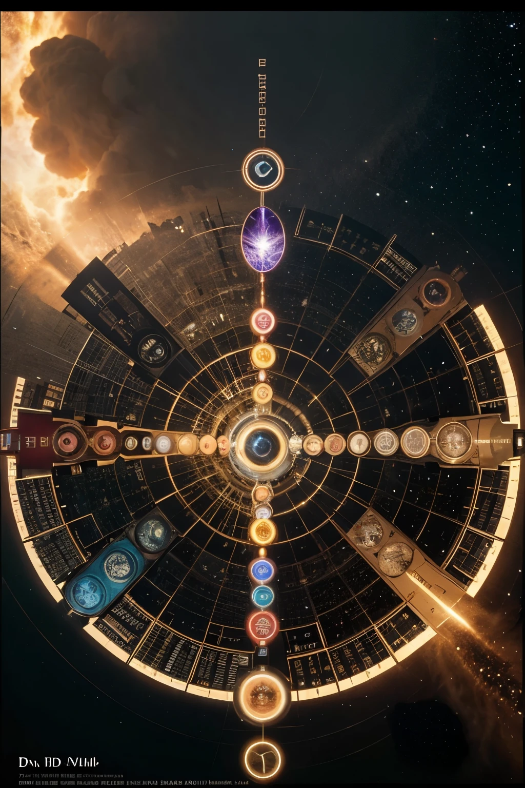 A fictional universe with nine worlds organized in a circle.
Don't show faces.