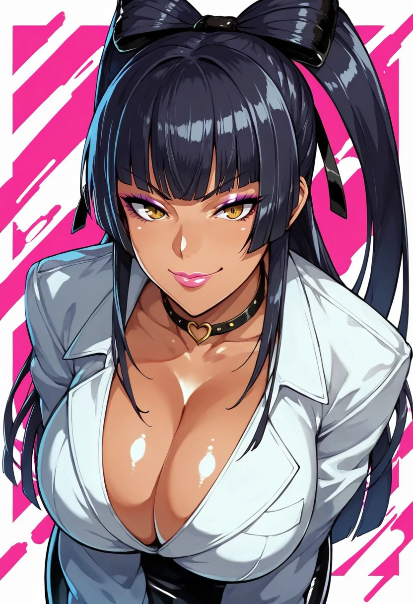 Score_9, score_8_up, score_7_up, score_6_up, source_anime, solo, 1girl, white background, abstract rectangular background, looking at viewer, BREAK 30-years-old, gyaru, nyotengu, suits, huge breast, leaning forward, smirk, cleavage, hair ribbon shiny skin, makeup, pink lips, latex, shiny