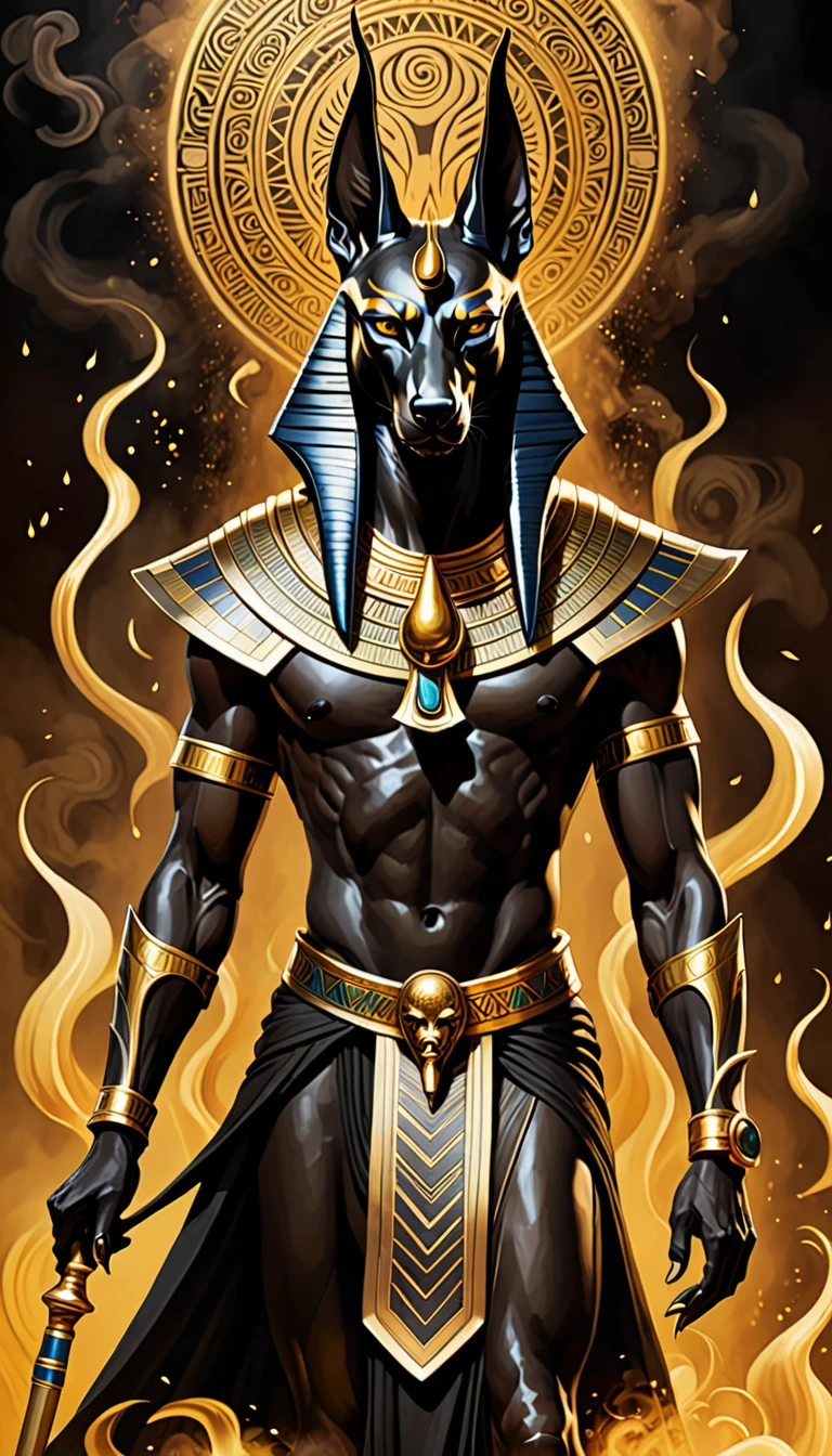 A powerful and eerie illustration of Anubis, the ancient Egyptian god of death. He is clad in an opulent gold and black attire, with a headpiece adorned with a jackal's head. His staff, topped with a fearsome skull, is poised in his hand. The background is a swirling vortex of flames and smoke, creating a dark and intense atmosphere. Anubis stands at the center, radiating a mysterious aura that captures the viewer's attention., illustration