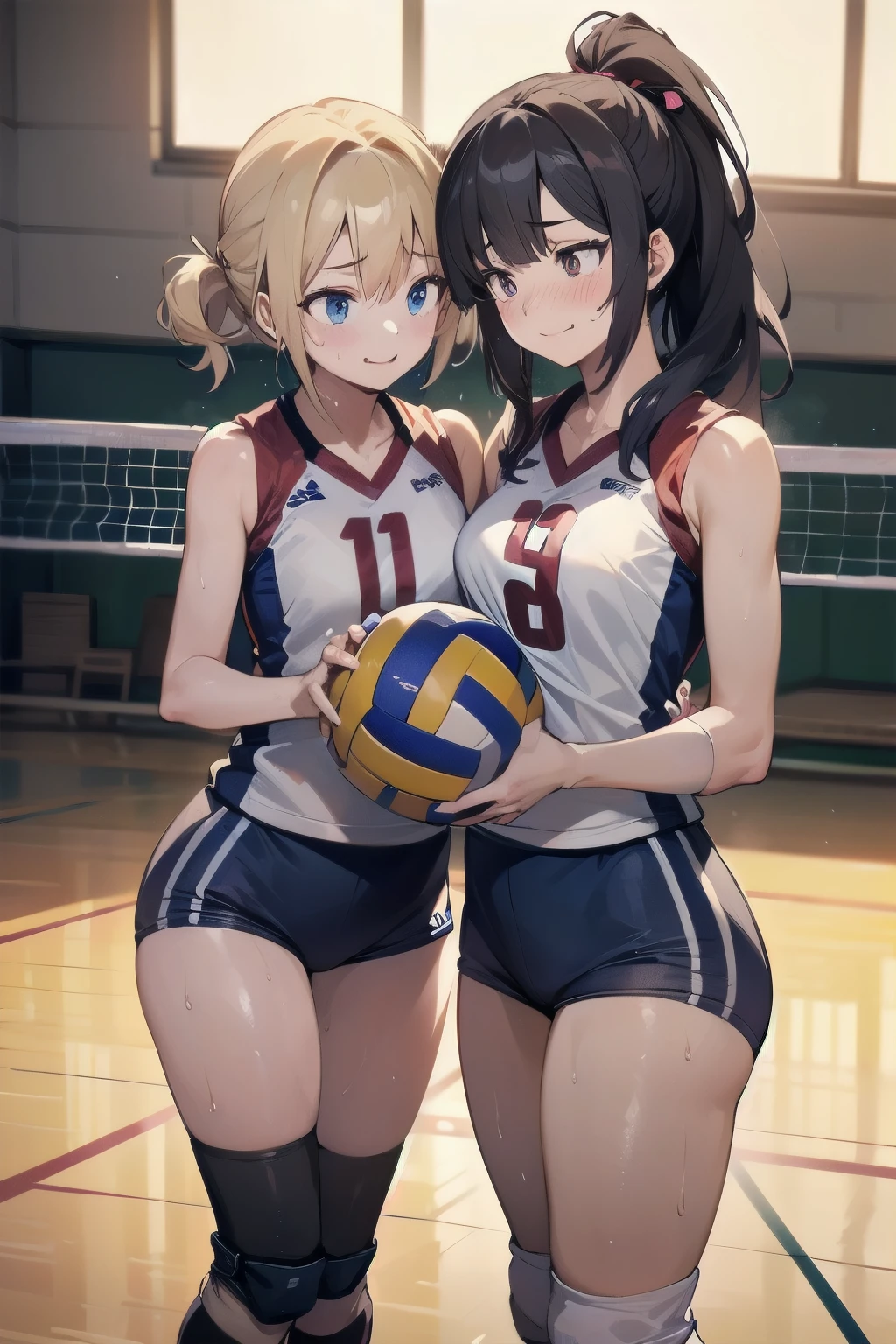 unity 8k wallpaper, anatomically correct, (((masterpiece))), (((best quality))), (((ultra detailed))), (((high-resolution))), ((Ultimate cutie)), perfect hands, perfect finger, (((good anatomy))), detailed beautiful face, shiny hair, ((gyaru)), (potbelly), (curvy), medium breasts, ((Thick thighs)), (((2 girls))), ((smile)), (((blush))), ((embarrassed expression)), (Eyes are heart marks), (heart shaped pupils), 
BREAK, (((Two girls))), ((2 female volleyball players)), (((Yuri))), The whole body is dirty, BREAK, (((Holds a beautiful spherical 6-inch volleyball))), BREAK, (((Buruma))), (Volleyball uniform), Sleeveless Volleyball Uniforms, (((Buruma))), (Knee pad), (elbow pad), (Bare hands), ((Sweat)), ((Covered in sweat)), (deep Breathing), on valleyball court, in gymnasium, Lighting, Look at viewers
