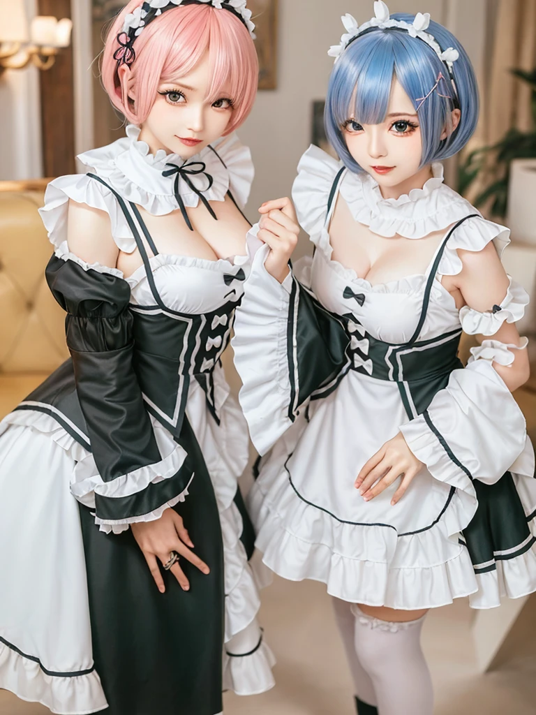 (8K, Photorealistic, Raw photo, of the highest quality: 1.3), (1girl in), Super beautiful, (Realistic face), (boyish, pink Color Berry Shorthair), Beautiful , Glare that captivates the viewer, Beautiful expression, Beautiful breasts, (Realistic skin), Be...Create a detailed and colorful image of Ram and Rem from Re:Zero, standing back-to-back in their maid outfits, with a magical fantasy background、ars old, two girls,cute, perfect face, beautiful, nice body, gothic lolita clothes, gothic lolita fashion, frilly skirt, headdress, necklace, bracelet, knee-high socks, boots, double eyelids, tear bags, Detailed down to the fingers, photo-like description, indoors, dim indoor lighting, one girl is pink hair and short bob, another girl is light blue hair and short bob,standing,whole body, composition that shows the whole body, smiling,The Both of them are wearing the same type of maid outfit,Optimal ratio of 4 fingers and 1 thumb