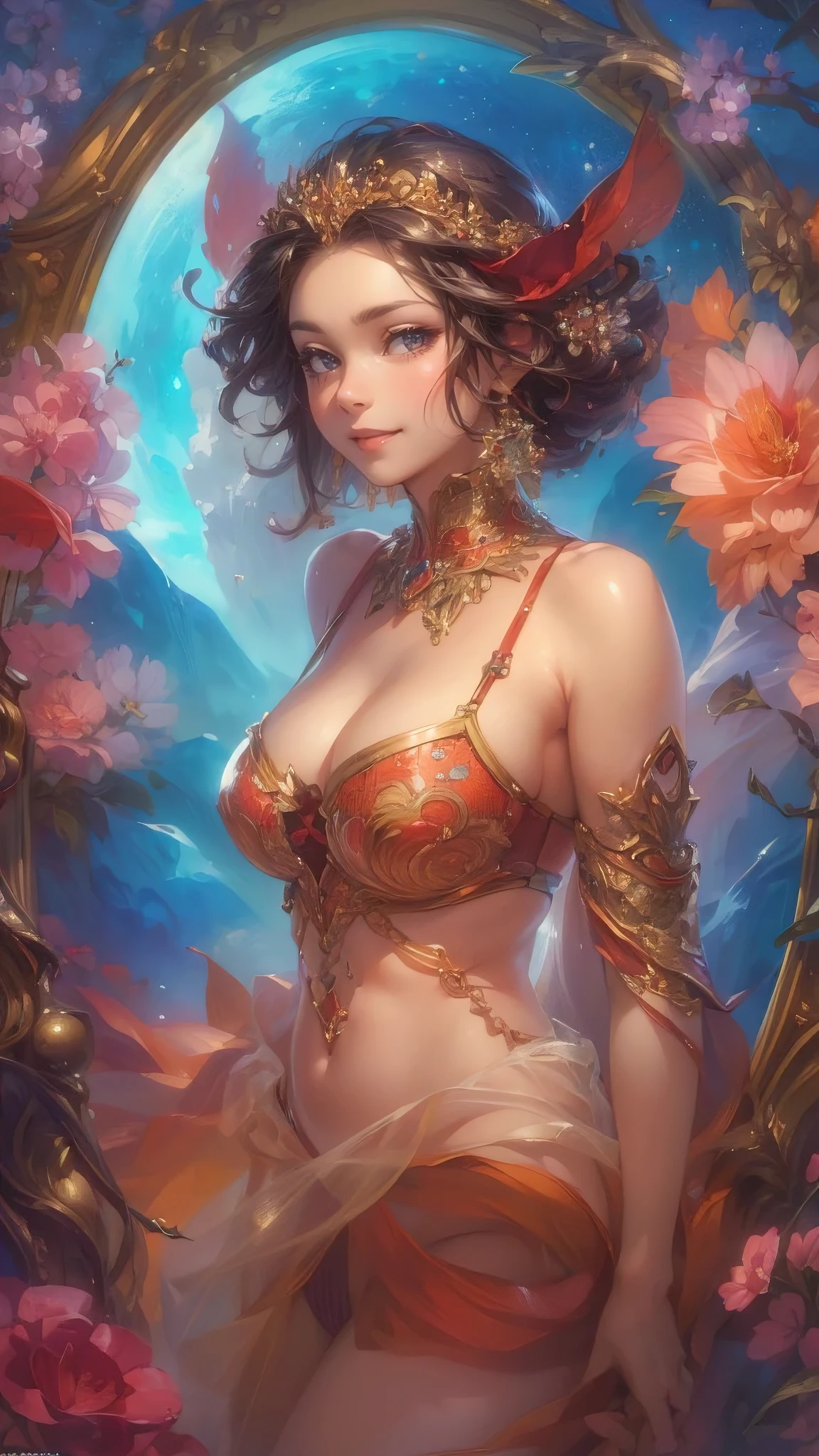 (best quality,4k,8k,highres,masterpiece:1.2),ultra-detailed,(realistic,photorealistic,photo-realistic:1.37), illustration by artgerm and gerald brom, attractive woman, perfect body, huge breasts, hyperfeminine curves, cute and playful pose, vibrant, emotive expressions