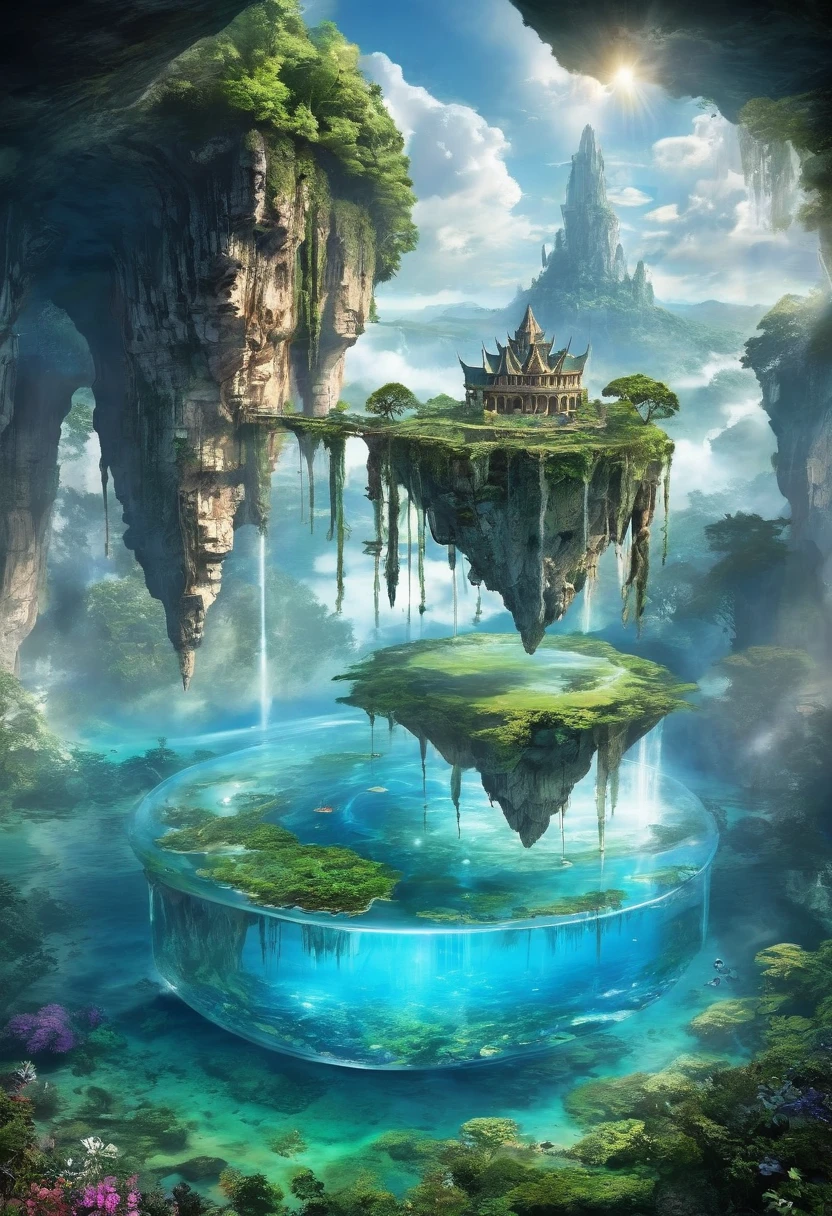 floating, floatingisland, landscapes, floating island, ethereal skies, lush vegetation, crystal-clear water, magical creatures, vibrant colors, surreal beauty, dreamlike atmosphere, soft sunlight, wisps of clouds, hidden caves, cascading waterfalls, ancient ruins, mystical aura, fantastical flora and fauna, tranquil serenity, enchanting landscapes, otherworldly charm