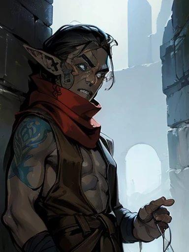 Concept ART, Human Male r , pointer Elf ears,face Tattoo , blue pupils  ,Black hair , red Torn Scarf , Bandage ,Ancient dark magic , 