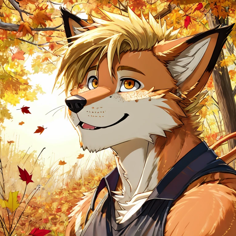 (masterpiece, Best quality:1.2), Dog Boy, Red XIII, autumn, body covered in blond fur, Furry style, sexual, horny ,full height,very short blond hair,freckles on the body and face,amber eyes,sharp focus, friendly