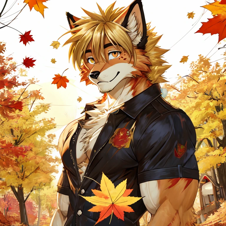 (masterpiece, Best quality:1.2), Dog Boy, Red XIII, autumn, body covered in blond fur, Furry style, sexual, horny ,full height,very short blond hair,freckles on the body and face,amber eyes,sharp focus, friendly