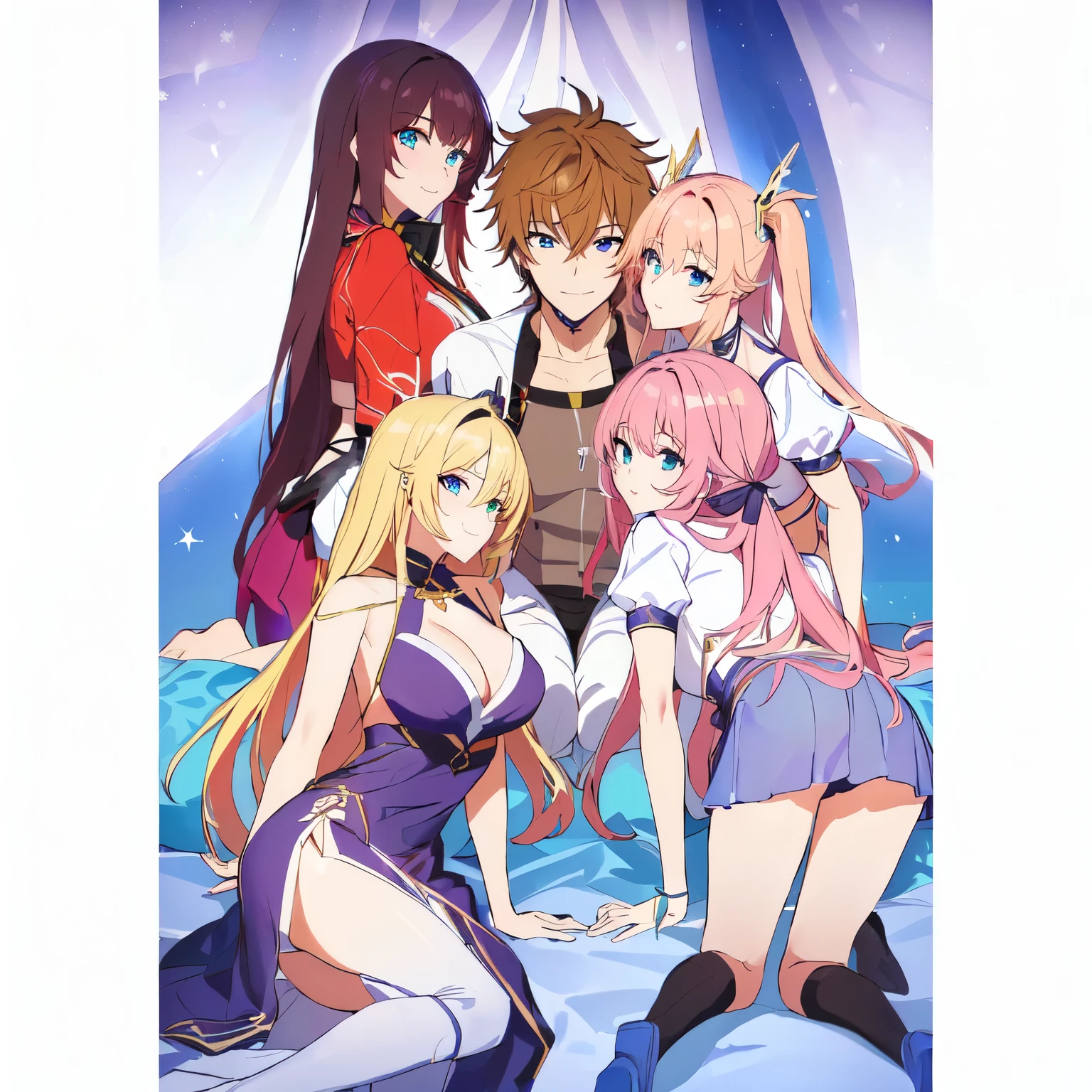 personagens de anime, homem sigma cabelo cumprido cercado de mulheres, mulheres bonitas, homem com mulheres, 4k, garotas lindas e peitos grandes, mulheres sensuais, mulheres apaixonadas, cara sorrindo, homem sorrindo, homem sigma, chad, olhos 4k, muitos detalhes, 8k olhos detalhados, garotas sensuais, homem com cabelo cumprido