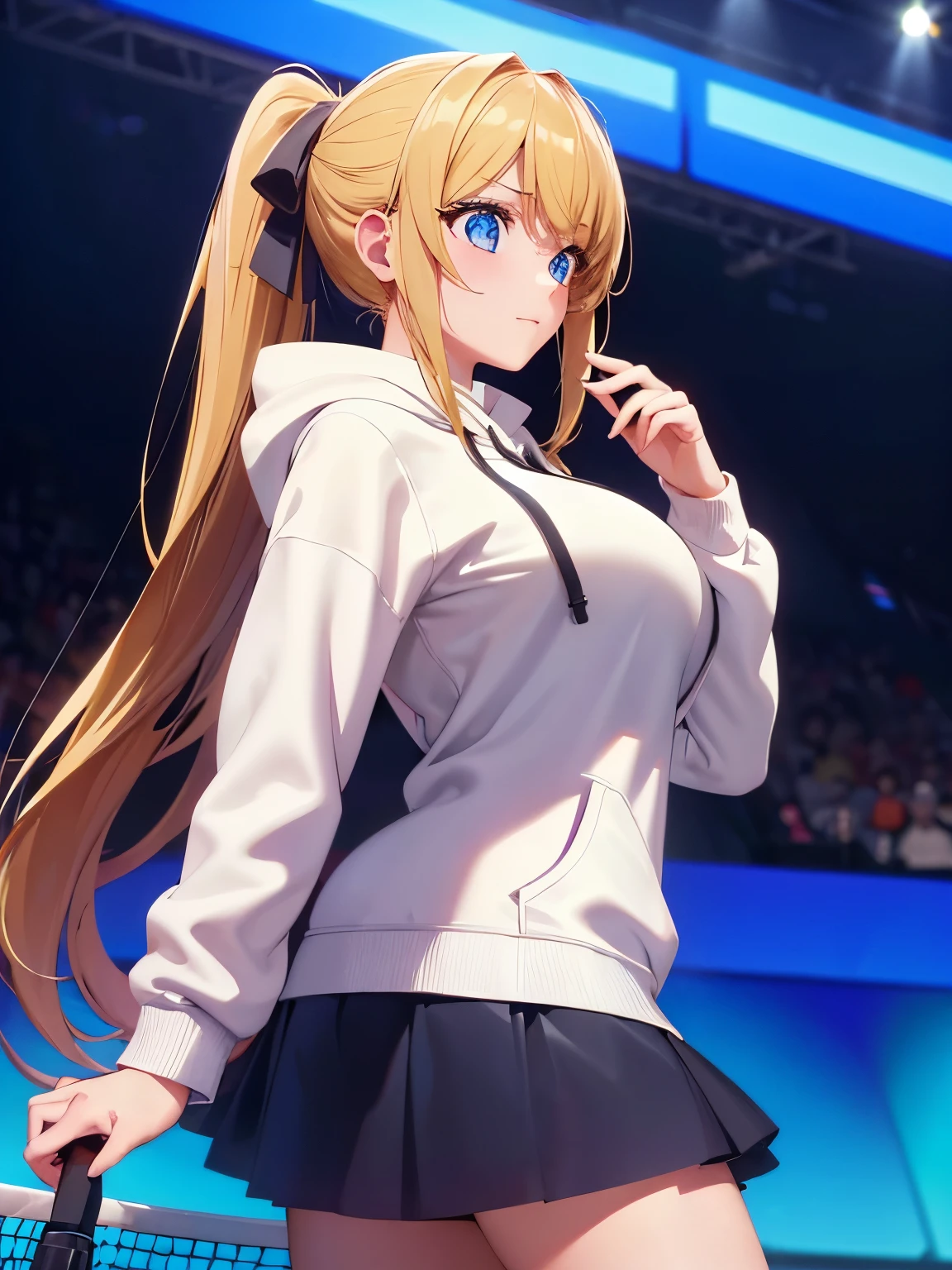 1woman,super beautiful,Standing, Confused expression,half body photo,Beautiful eyes, very detailed face,cute, tennis skirt,HD face, perfect face, white hoodie,long hoodie,black mini skirt,Very big breasts,Blonde hair,long hair,ponytail,bangs,blue eyes,ultra detail,ultra Hd, masterpiece,4k