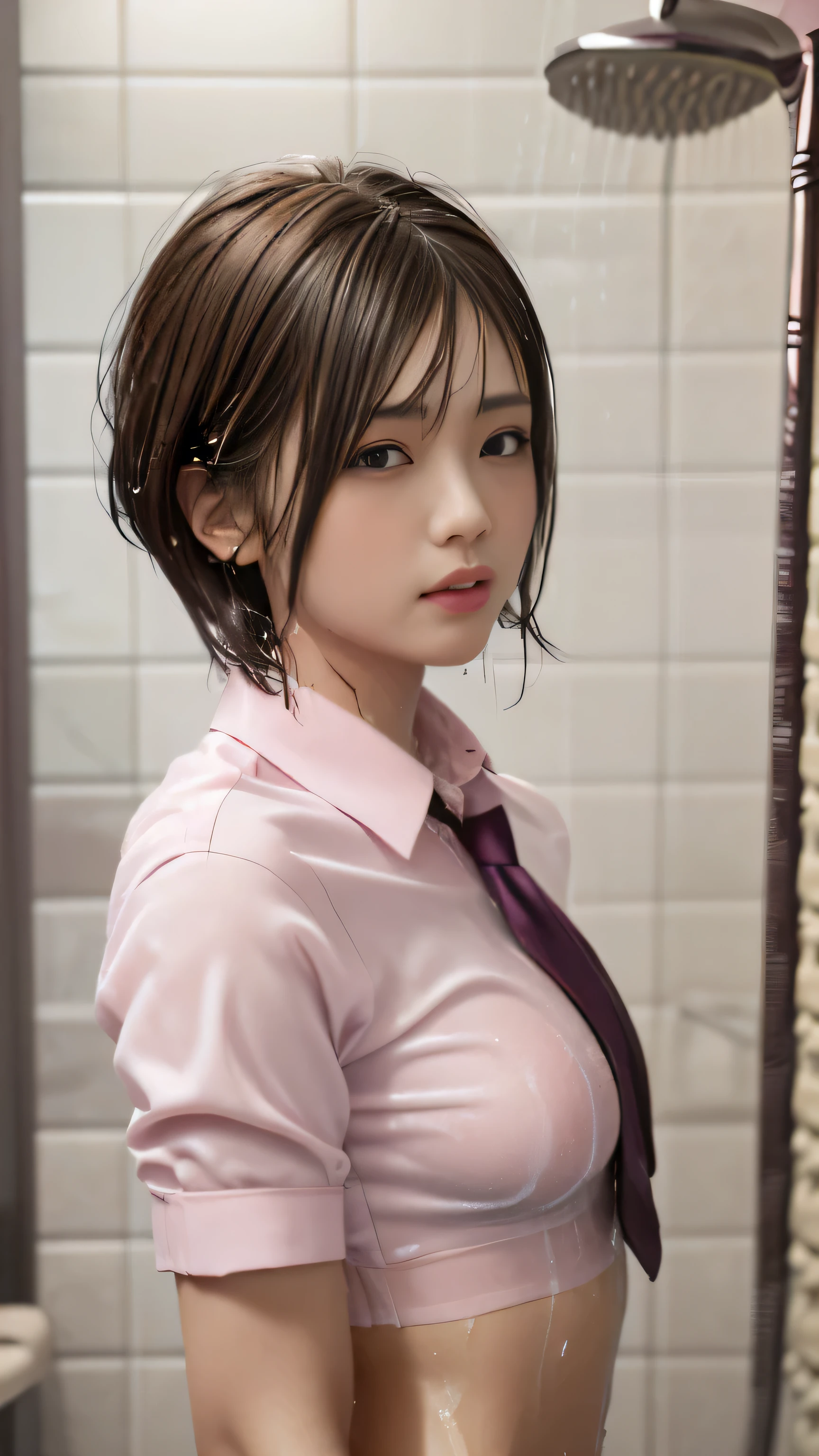 wearing clothes, (At SFW), (1 girl:1.3), (((In a dark and gloomy world))), above the knee shot, cowboy shot, Viewer is looking up, Japanese, 17 year old supermodel, thin, high school girl, There is no light:1.3, (((Taking a bath in the shower room at home:1.8))), shower, (Are standing:1.37), (looking at the viewer:1.37), (highest quality:1.4), 32K resolution, (realistic:1.5), (Super realistic:1.5), High resolution 32k UHD, (masterpiece:1.2)), (Improvement of quality:1.4), (very beautiful facial details), (Highest quality realistic skin texture:1.4), (wet skin, wet clothes, wet hair:1.5), (perfect anatomy:1.2), (((school uniform, patterned ribbon tie, Pink collared shirt:1.15))), ((red plaid pleated skirt)), panties, Do not emphasize the top of the bust, (Pink tiled shower room:1.1), precise fingers, Super detailed, symmetrical eyes, ((view audience)), natural makeup, ((A good eye for quality:1.2)), (tired, sleepy and satisfied:0.0), (fine lips:1.33), (fine nose:1.2), ((Physically Based Rendering of the Background:1.37)), Medium chest, (flat chest:1.05, thin lower body), brown hair, (shaggy cut hair:1.37), rape face, written boundary depth, carl zeiss, 85mm f/4, 