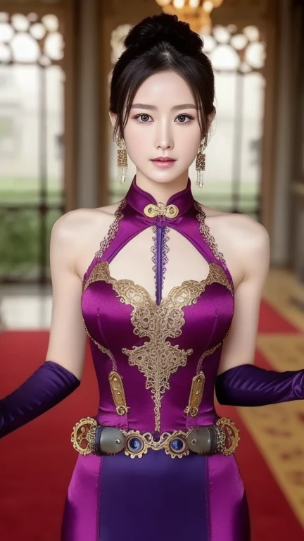 Red and purple spandex cheongsam, Delicate face、Detailed eyes and face、With the backdrop of a complex French palace including gardens, One girl, masterpiece, Perfect Face,  steampunk mini skirt , ((Really intricate steampunk background)), masterpiece, Surrealist, A dress with really intricate detail , A really complicated background, , masterpiece, Surrealist, A dress with really intricate detail , A really complicated background