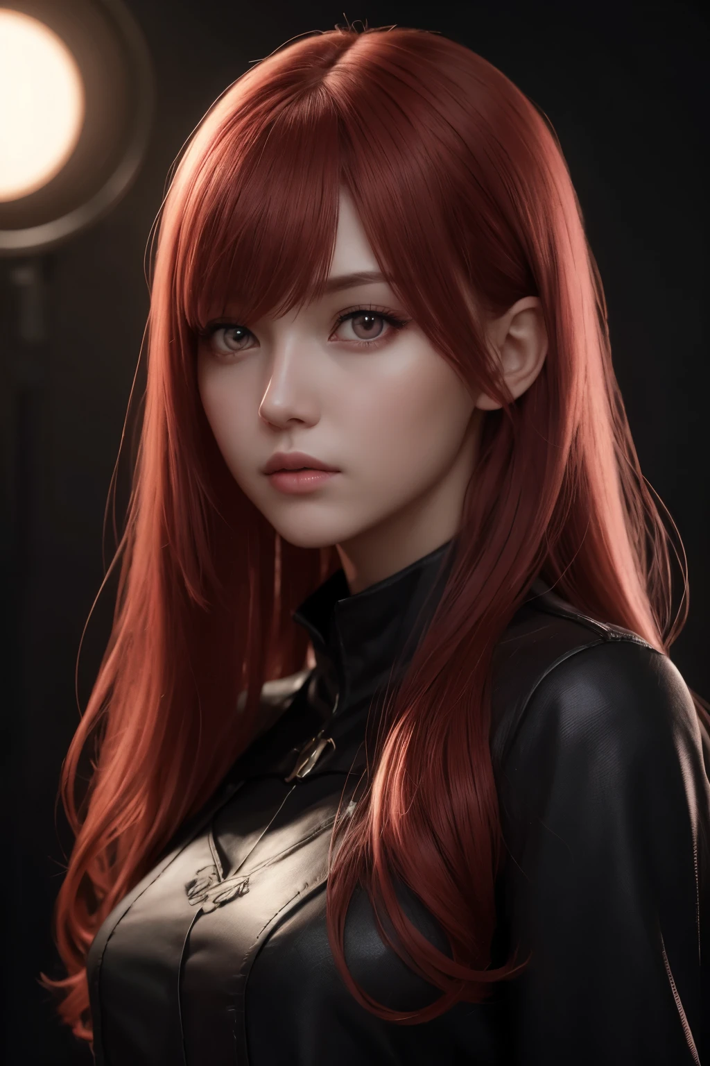 One girl, Star Eye, blush, Perfect lighting, Redhead, Red eyes, Unreal Engine, Side light, Detailed face, bangs, Light Skin, Simple Background, Dark Background, 