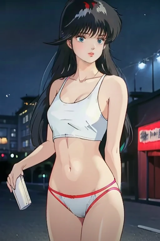 Ayukawa Madoka,  beautiful girl college student, masterpiece, light makeup, red lips, black hair, messy long hair, street background, beautiful, elegant. super fine details, master works, authentic texture, cinematic lighting realism, perfect job, 16K, hd, exquisite features,blue eyes、Beautiful Face、cute smile、beautiful hair、glamorous, small round breasts、erect nipples、shiny skin、white skin, glowing skin, bright big eyes, smooth skin, super sexy  tank top, thin tank top , white thong panties , 
