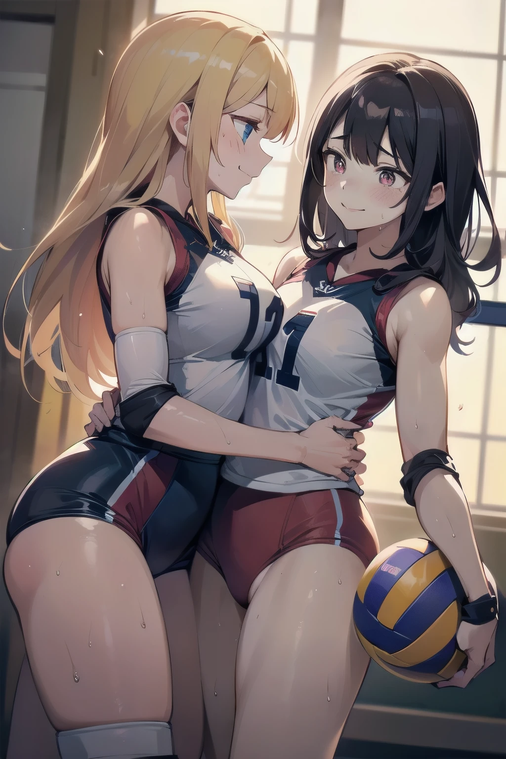 unity 8k wallpaper, anatomically correct, (((masterpiece))), (((best quality))), (((ultra detailed))), (((high-resolution))), ((Ultimate cutie)), perfect hands, perfect finger, (((good anatomy))), detailed beautiful face, shiny hair, ((gyaru)), (potbelly), (curvy), medium breasts, ((Thick thighs)), (((2 girls))), ((smile)), (((blush))), ((embarrassed expression)), (Eyes are heart marks), (heart shaped pupils), 
BREAK, (((Two girls))), ((2 female volleyball players)), (((Yuri))), The whole body is dirty, BREAK, (((Holds a beautiful spherical 6-inch volleyball))), BREAK, (((Buruma))), (Volleyball uniform), Sleeveless Volleyball Uniforms, (((Buruma))), (Knee pad), (elbow pad), (Bare hands), ((Sweat)), ((Covered in sweat)), (deep Breathing), on valleyball court, in gymnasium, Lighting, Look at viewers