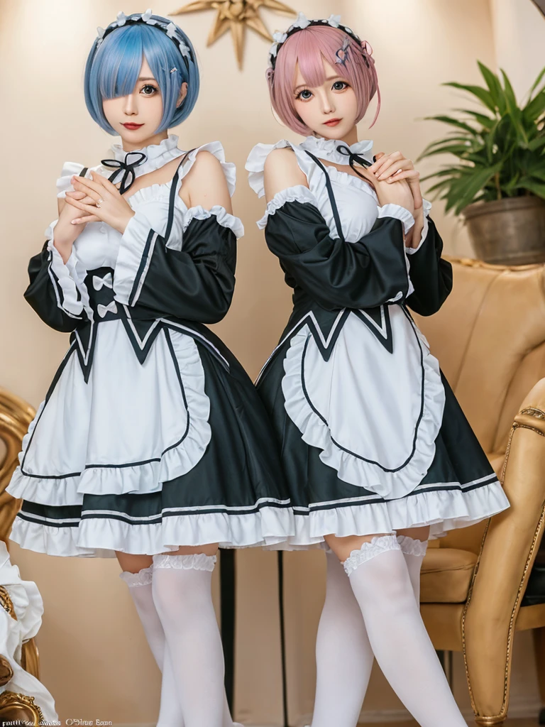 (8K, Photorealistic, Raw photo, of the highest quality: 1.3), (1girl in), Super beautiful, (Realistic face), (boyish, pink Color Berry Shorthair), Beautiful , Glare that captivates the viewer, Beautiful expression, Beautiful breasts, (Realistic skin), Be...Create a detailed and colorful image of Ram and Rem from Re:Zero, standing back-to-back in their maid outfits, with a magical fantasy background、14years old, two girls,cute, perfect face, beautiful, nice body, gothic lolita clothes, gothic lolita fashion, frilly skirt, headdress, necklace, bracelet, knee-high socks, boots, double eyelids, tear bags, Detailed down to the fingers, photo-like description, indoors, dim indoor lighting, one girl is pink hair and short bob, another girl is light blue hair and short bob,standing,whole body, composition that shows the whole body, smiling,The Both of them are wearing the same type of maid outfit,Optimal ratio of 4 fingers and 1 thumb