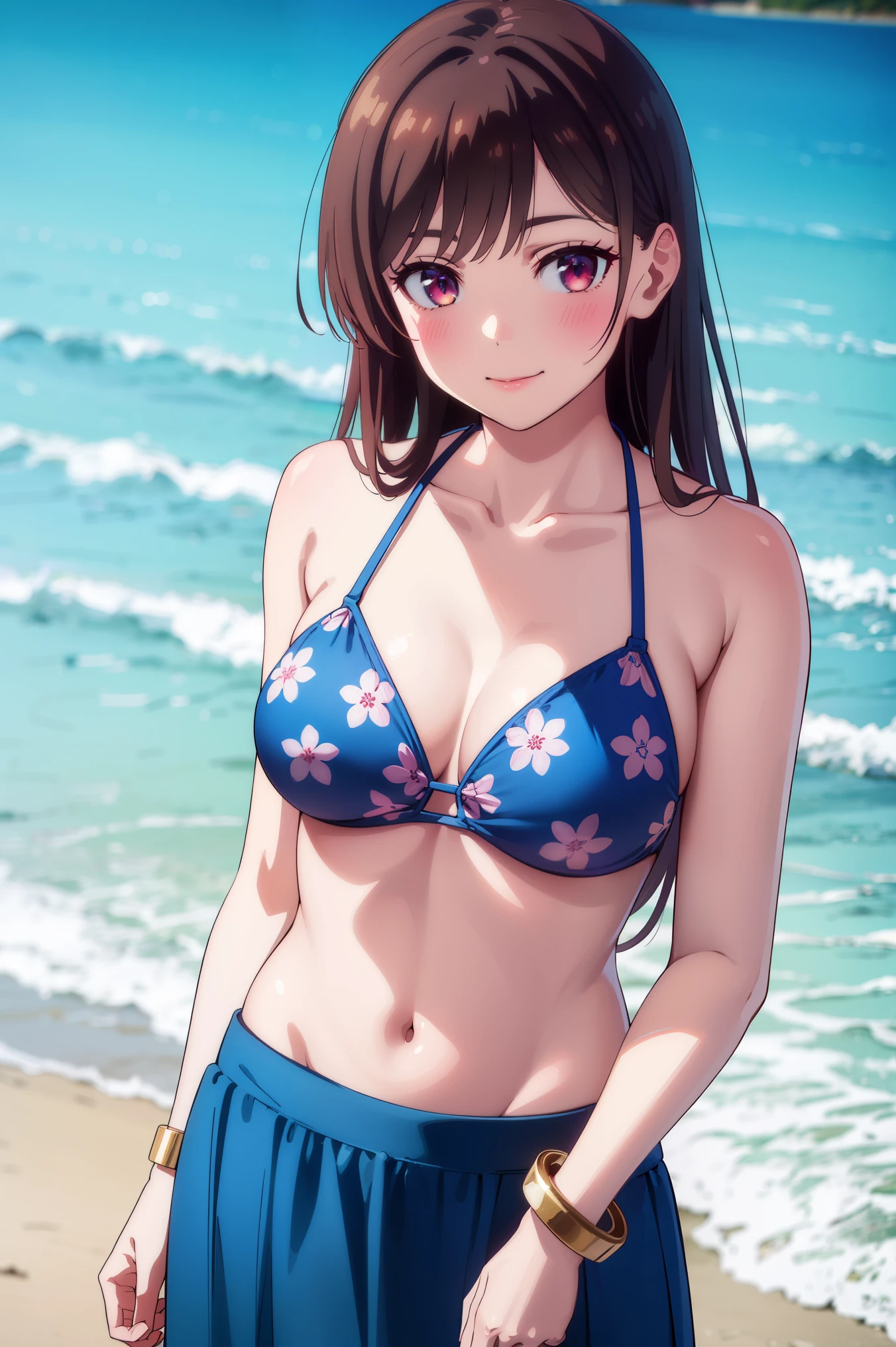 (best quality,4k,highres,masterpiece:1.2),ultra-detailed,realistic,hdr,anime, chi1, 1girl, long hair, one side up, solo, bracelet, bangs, bare shoulders, blue bikini, floral print, , blue skirt bikini , beautiful beach ,cowboy shot, smile,