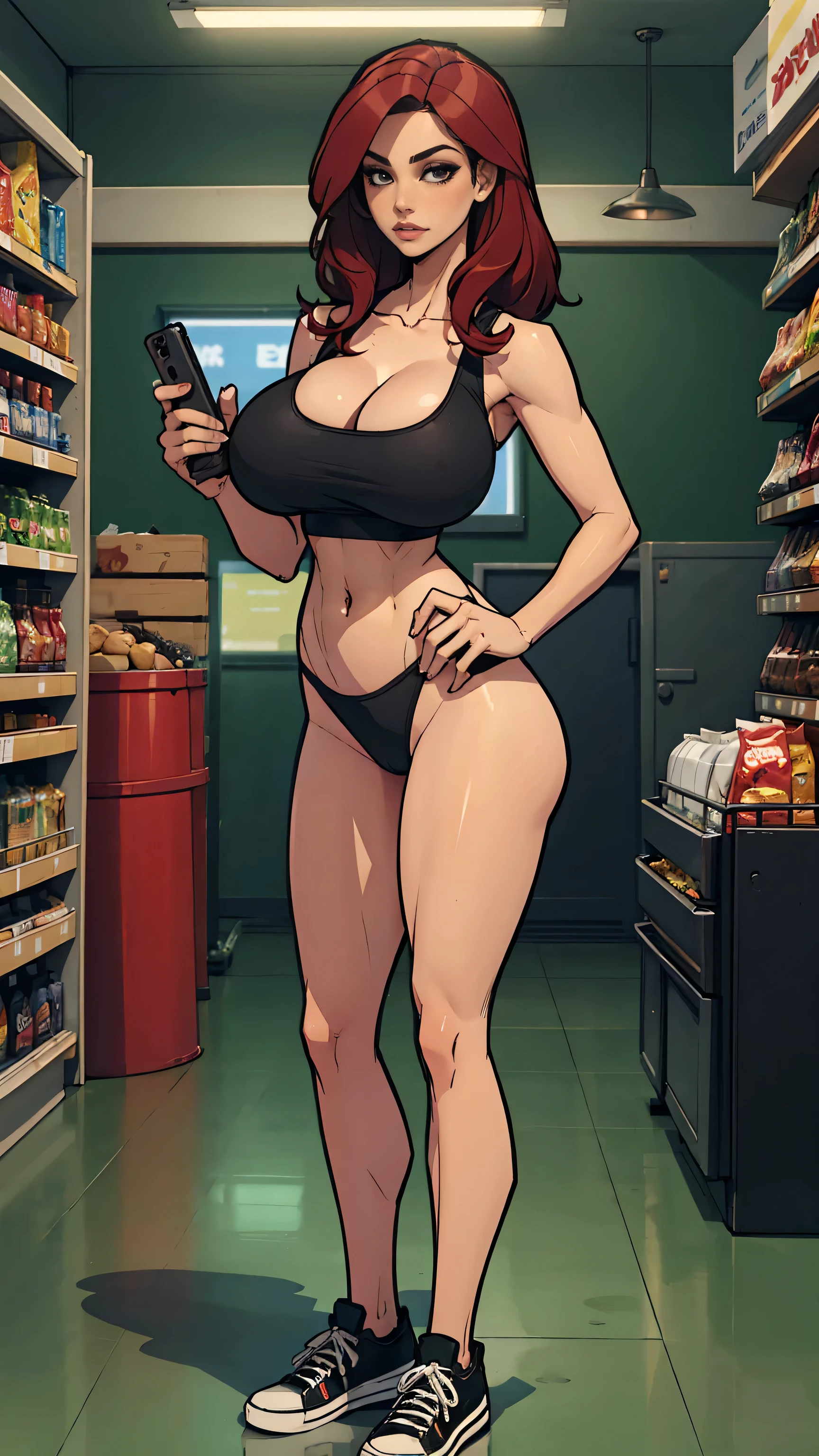 1 woman, wavy red hair, sly face , black tank top, black panties , big breasts , Long legs , stand on your hips... , canvas shoes , convenience store