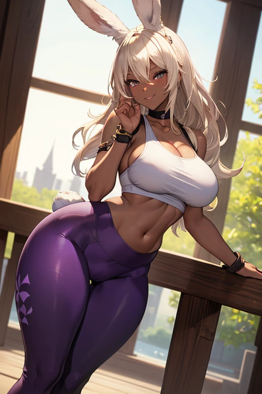 (masterpiece), best quality, highly detailed faces, (SHARP details), 4k, highly detailed, expressive eyes, SHARP detail expressive eyes, (SHARP detail perfect face), ((dark skin)), (bunny ears), (viera), ((platinum blonde hair)), (choker) amber eyes, long and wild hair, (mature woman), (big breasts), smiling, standing, (wearing white tank top), ((wearing purple yoga pants)), ((solo)), wide hips, (((view from front))), thick thighs,