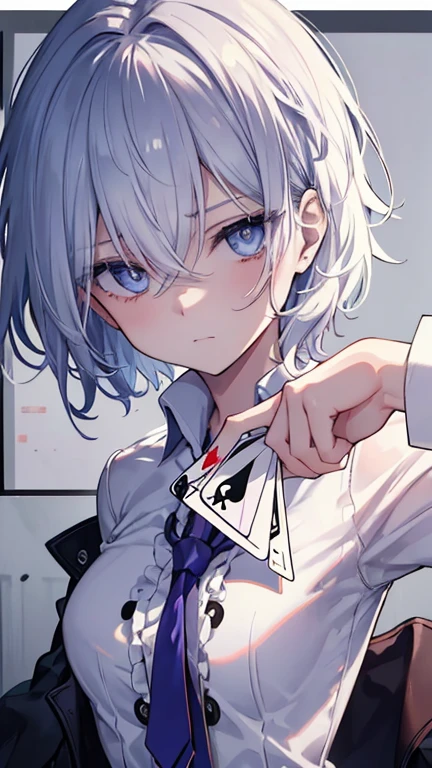 1 girl, white hair, short hair, caramel amber eye colors, glowing eyes, white shirt, holding blue chain with two hands, emotionless facial expression, evil face, face to detail, detailed eyes, the background is magnificently school classroom, ((original , joker poker card motif border)) Pose with movement one person Decisive pose coat masterpiece Highest image quality noise removal clear parts cinematic shadow Increased attractiveness of the eyes clear parts the shine of the eyes Draw eyelashes neatly perfect eyes detailed eyes Sharpen image quality Sharpen eye writing clear parts eye shape
