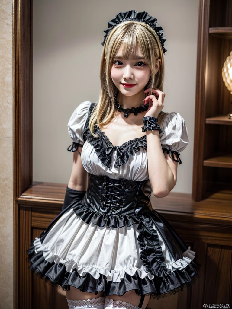 (8K, Photorealistic, Raw photo, of the highest quality: 1.3), (1girl in), Super beautiful, (Realistic face), (boyish, Silver Color Berry Shorthair), Beautiful , Glare that captivates the viewer, Beautiful expression, Beautiful breasts, (Realistic skin), Be...Super high quality, super high definition, super detailed, masterpiece, 20years old, female, cute, perfect face, beautiful, nice body, gothic lolita clothes, gothic lolita fashion, frilly skirt, headdress, necklace, bracelet, knee-high socks, boots, double eyelids, tear bags, Detailed down to the fingers, photo-like description, indoors, dim indoor lighting, blonde hair, short bob, standing, whole body, composition that shows the whole body, smiling