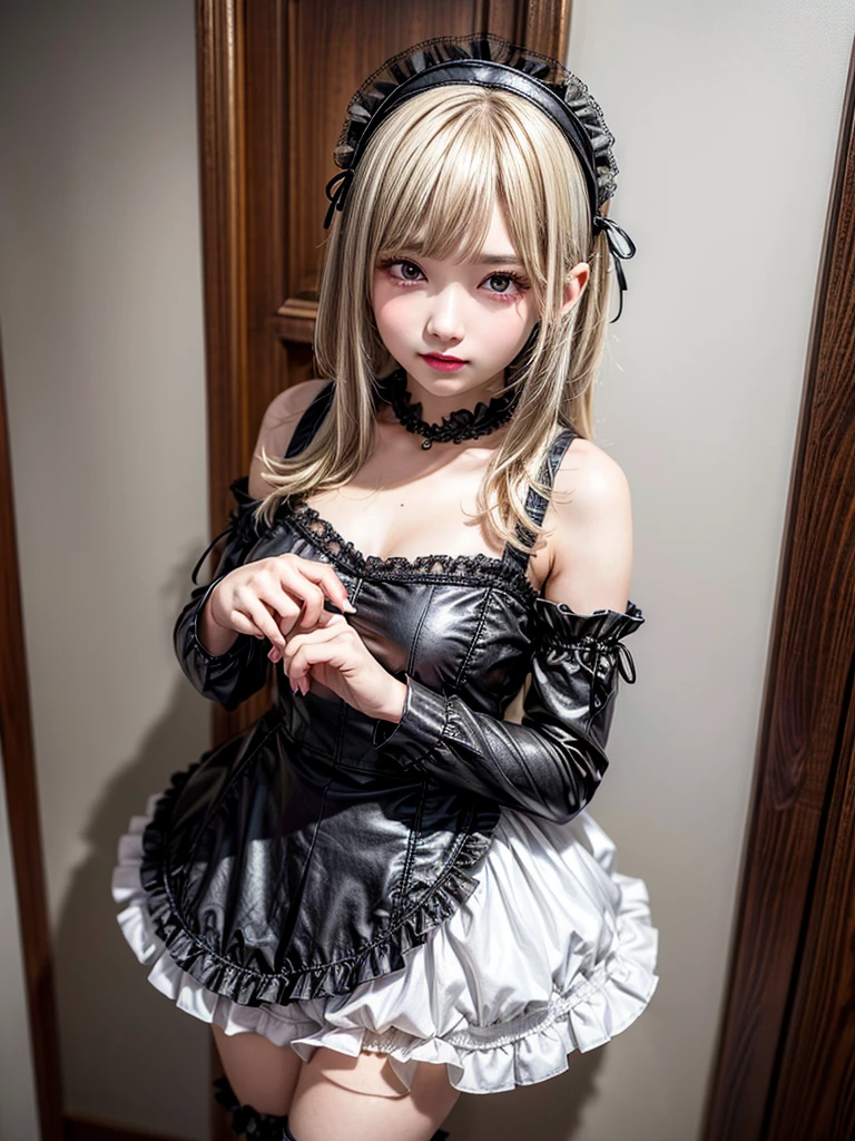 (8K, Photorealistic, Raw photo, of the highest quality: 1.3), (1girl in), Super beautiful, (Realistic face), (boyish, Silver Color Berry Shorthair), Beautiful , Glare that captivates the viewer, Beautiful expression, Beautiful breasts, (Realistic skin), Be...Super high quality, super high definition, super detailed, masterpiece, 20years old, female, cute, perfect face, beautiful, nice body, gothic lolita clothes, gothic lolita fashion, frilly skirt, headdress, necklace, bracelet, knee-high socks, boots, double eyelids, tear bags, Detailed down to the fingers, photo-like description, indoors, dim indoor lighting, blonde hair, short bob, standing, whole body, composition that shows the whole body, smiling