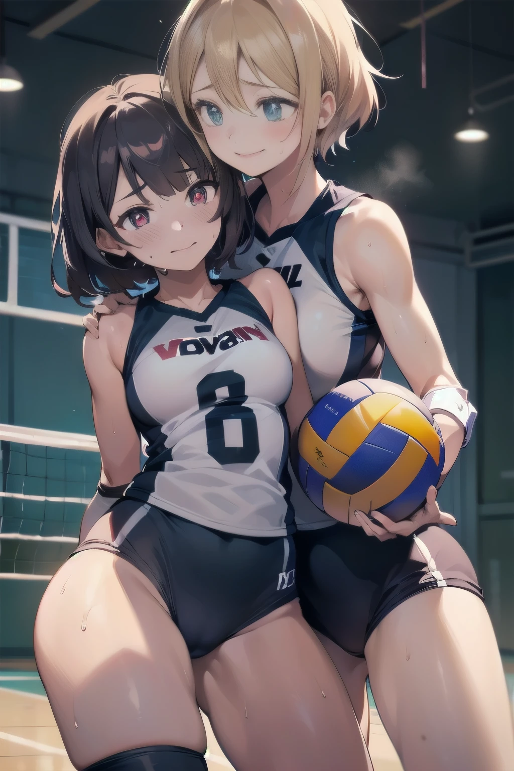 unity 8k wallpaper, anatomically correct, (((masterpiece))), (((best quality))), (((ultra detailed))), (((high-resolution))), ((Ultimate cutie)), perfect hands, perfect finger, (((good anatomy))), detailed beautiful face, shiny hair, ((gyaru)), (potbelly), (curvy), medium , ((Thick thighs)), (((2 girls))), ((smile)), (((blush))), ((embarrassed expression)), (Eyes are heart marks), (heart shaped pupils),
BREAK, (((Two girls))), ((2 female volleyball players)), (((Yuri))), The whole body is dirty, BREAK, (((Holds a beautiful spherical 6-inch volleyball))), BREAK, (((Buruma))), (Volleyball uniform), Sleeveless Volleyball Uniforms, (((Buruma))), (Knee pad), (elbow pad), (Bare hands), ((Sweat)), ((Covered in sweat)), (deep Breathing), on valleyball court, in gymnasium, Lighting, Look at viewers