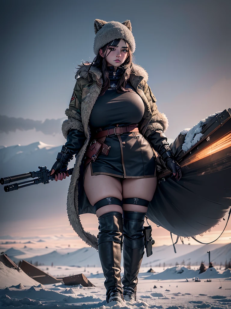 (best quality,4K),(Best details),(ultra realistic),Kai'sa,russian soldier,winter,snow storm,russian hat,sunglasses,beautiful,soldier's salute,looking at viewer,winter war,war-torn city,destroyed buildings,frost-covered trees,smoke and fog,muddy ground,fallen snowflakes,icy wind,battle scars,heavy armor,worn-out boots,glowing eyes,intense expression,determination,cold breath,unique facial features,sharp rifle,camouflage uniform,tangled hair,fur-lined coat,thick gloves,winter camouflage,blizzard,harsh conditions,frigid air,crimson sunset,dark clouds,ominous skies,triumphant pose,defiant stance,endurance and resilience,icy battlefield,steely gaze,frozen tears of valor, big boob, large breasts, covered chest, covered breasts, sfw, fully clothed, covered nipples, excessive clothing, oversized clothes, supportive bra, big clothes, warm clothes