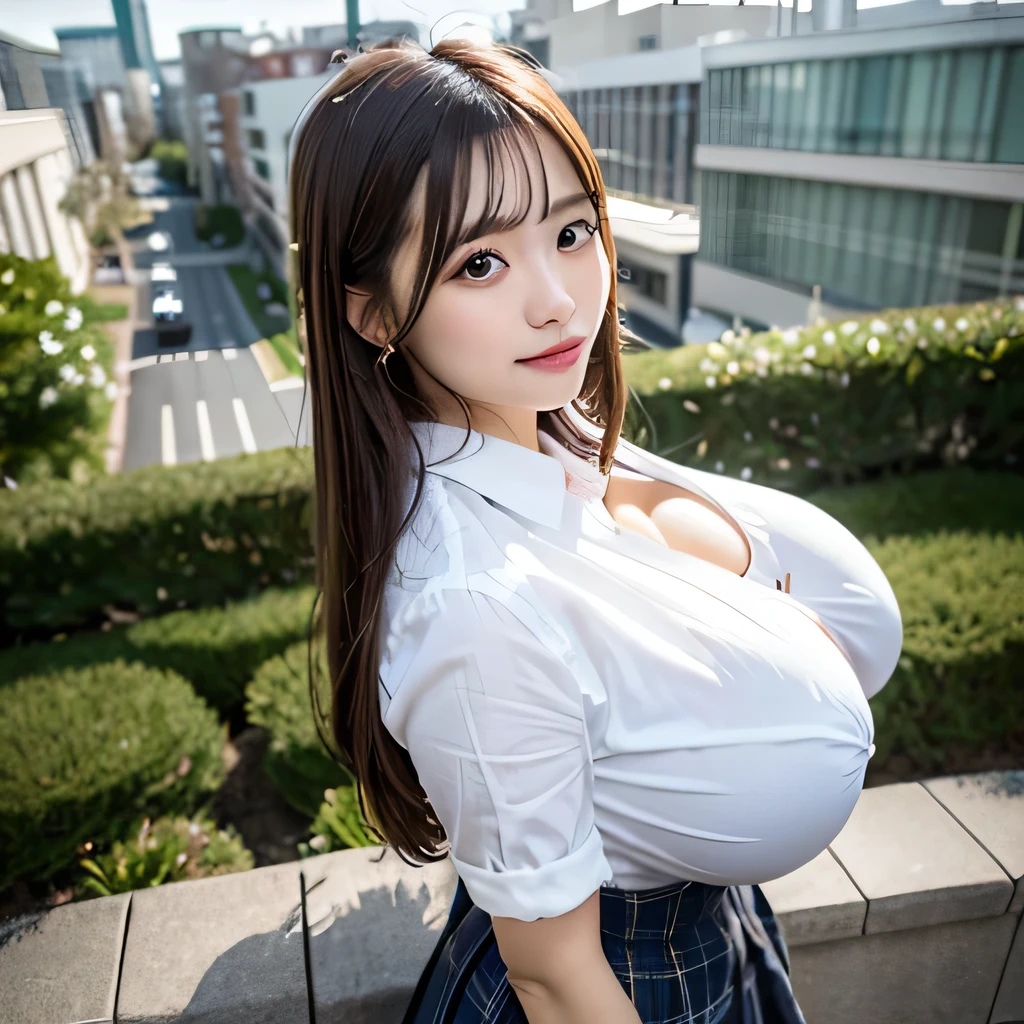 Detailed and complex,  (Perfect figure), Long legs, (Japanese girl),  Long and straight hair in light color, (perfectly cute face:1.4), round face,  (very huge breast:1.5), (very huge butt:1.5), (school uniform),   (all fours:1.41), (view from above),  night club, high quality, highres, anatomically correct, POV