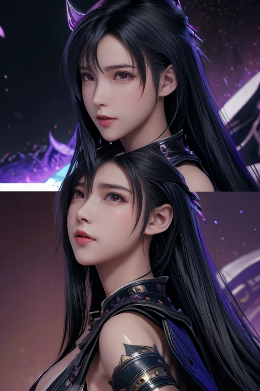 masterpiece，The best quality at its best，High resolution，8k，((Portraiture))，(Head close-up)，Original photo，Actual photo，Digital photography，(Medieval fantasy female adventurer)，(Female adventurers of the Middle Ages)，25-year-old female，(Ink blue gradation in hair)，長いpurple髪，Red eyes，(Purple and gray gradient long hair，purple)，(Big Breasts)，Lavish décor，Lips parted，Make your lips look more attractive and glamorous，((Frowning))，serious and arrogant，calm and handsome，(Fantastic style medieval leather，joint armor，Cape，Animal skin armor，coat)，Photo pose，medieval character medieval fantasy style，Night city background，oc rendering reflection texture, whole body
