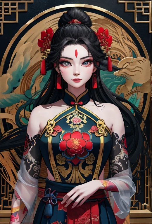 An ancient Chinese beauty, charming temperament, flowing long skirt, clear face, beautiful eyes, osmanthus surrounding, perfect body structure proportional masterpiece, super detailed, epic composition, color tattoo art, new traditional tattoo art, SD tattoo design, color tattoo art, mysterious warm and friendly atmosphere, hyper-realistic painting, super HD, high quality, highest quality, 32k --v 6